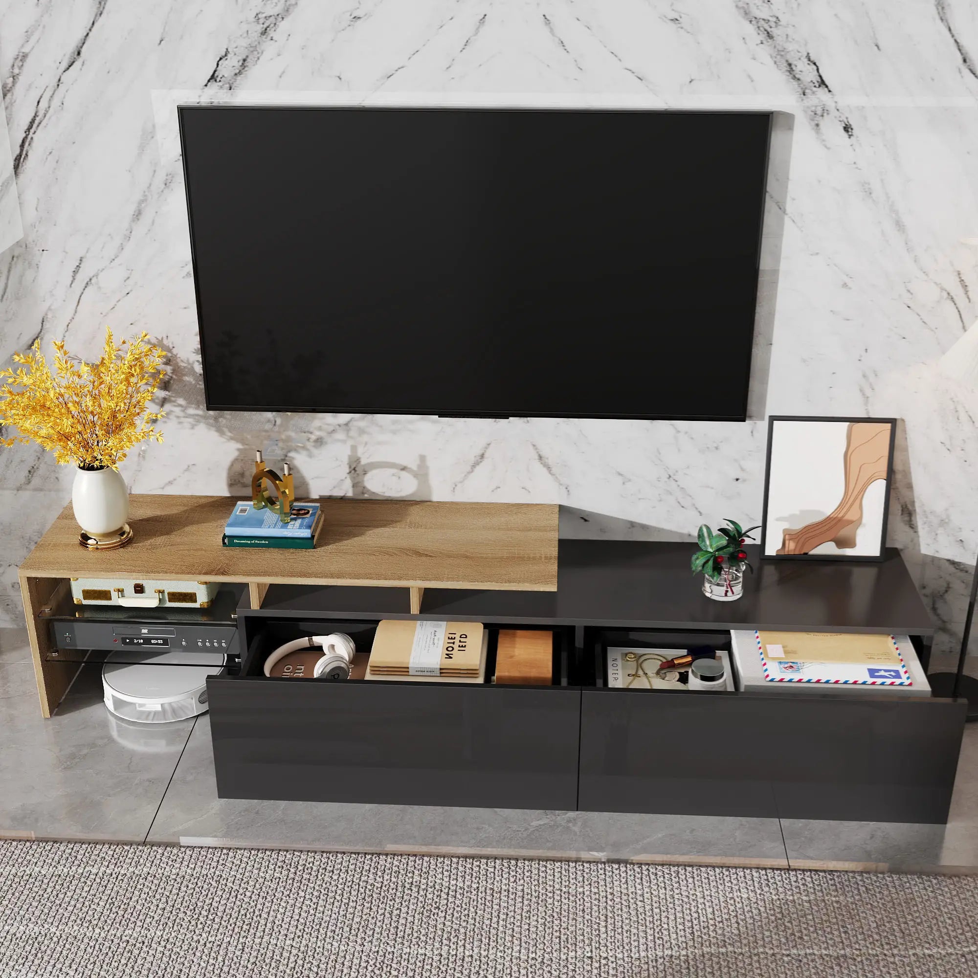TV Cabinet With Glass Shelves, LED Lighting, 67