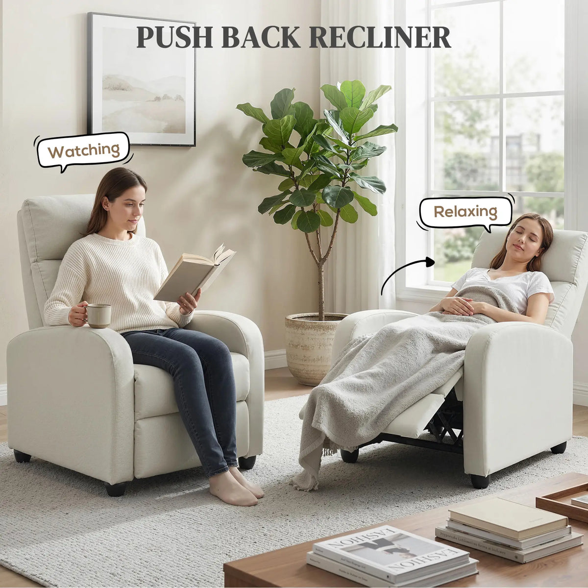 Fabric Recliner Chair, Manual Reclining Sofa, Padded Seat, Cream White