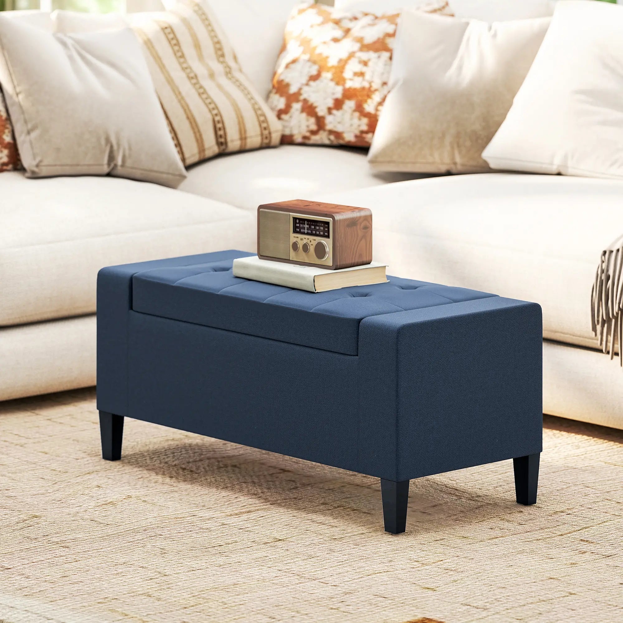 Storage Ottoman Bench, Linen Upholstered, Tufted, Dark Blue Storage Ottomans & Benches at Gallery Canada
