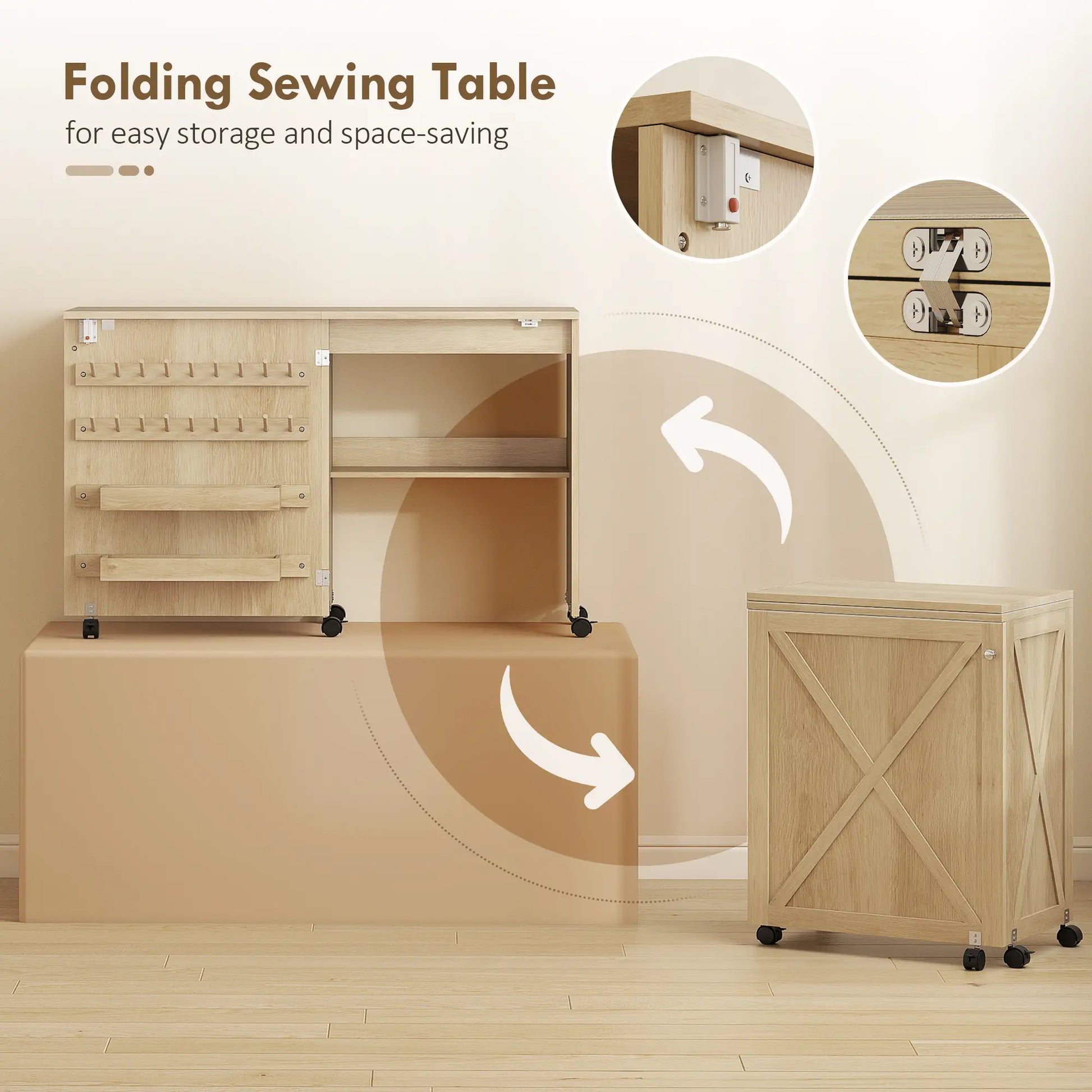 Sewing Machine Table on Wheels, Folding Craft Table with Storage, Natural Storage Cabinets at Gallery Canada