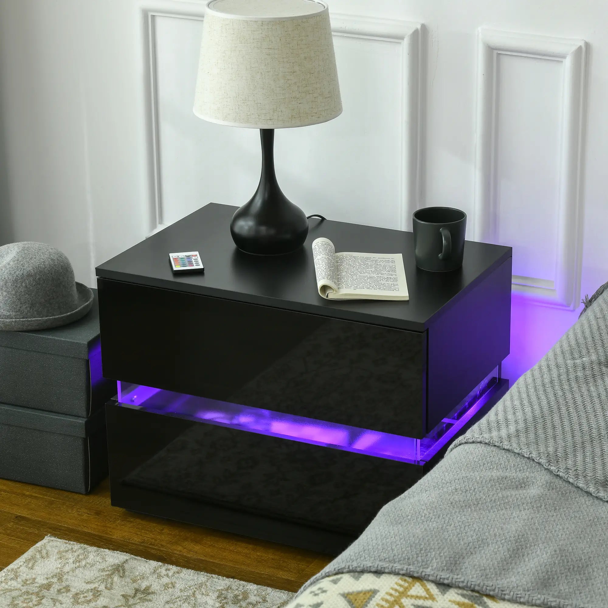 Modern Nightstand, 2 Drawers, USB RGB LED Lights, Remote, Black Bedside Tables at Gallery Canada