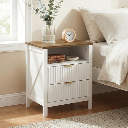 Nightstand With 2 Fluted Drawers, Open Shelf, Anti-Tipping, White Walnut, White Walnut