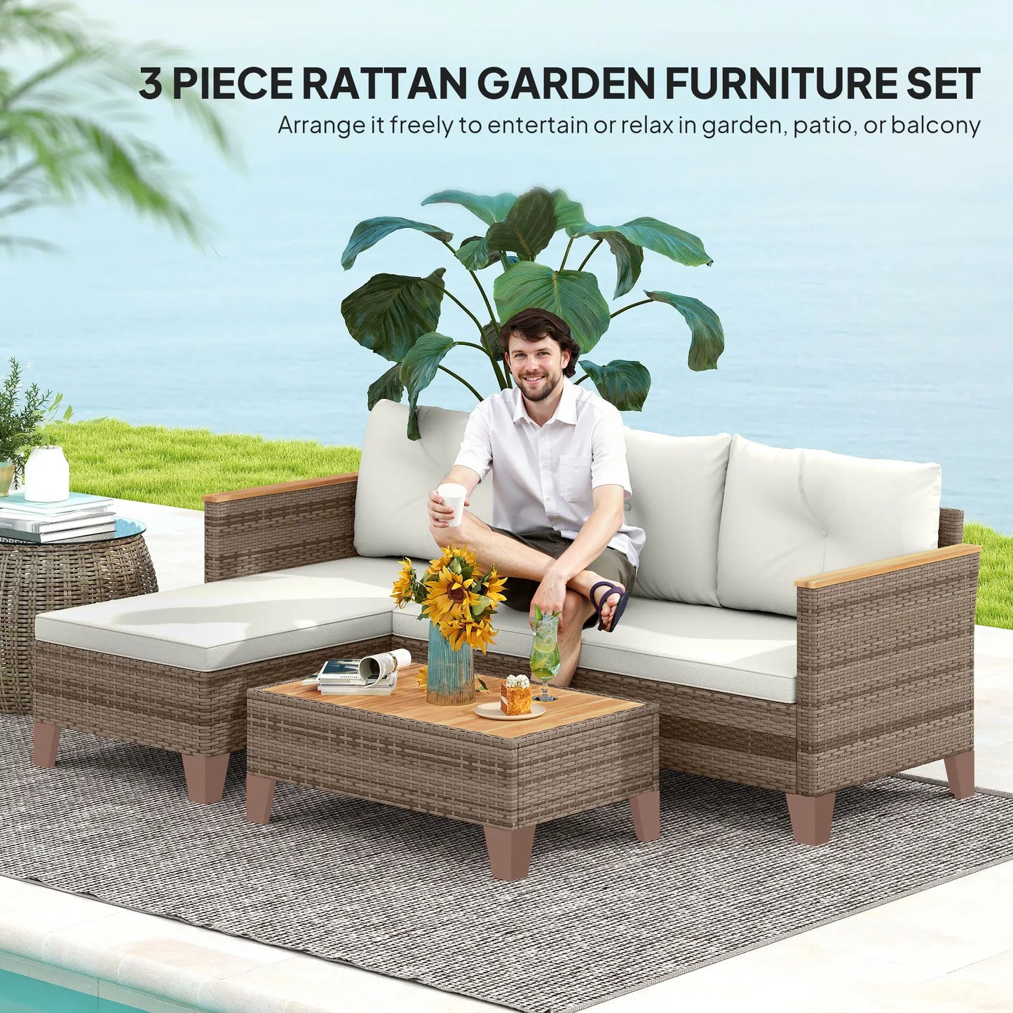 3 Piece L-Shaped Patio Furniture Set, Wood Top Coffee Table, Cream Patio Furniture Sets at Gallery Canada