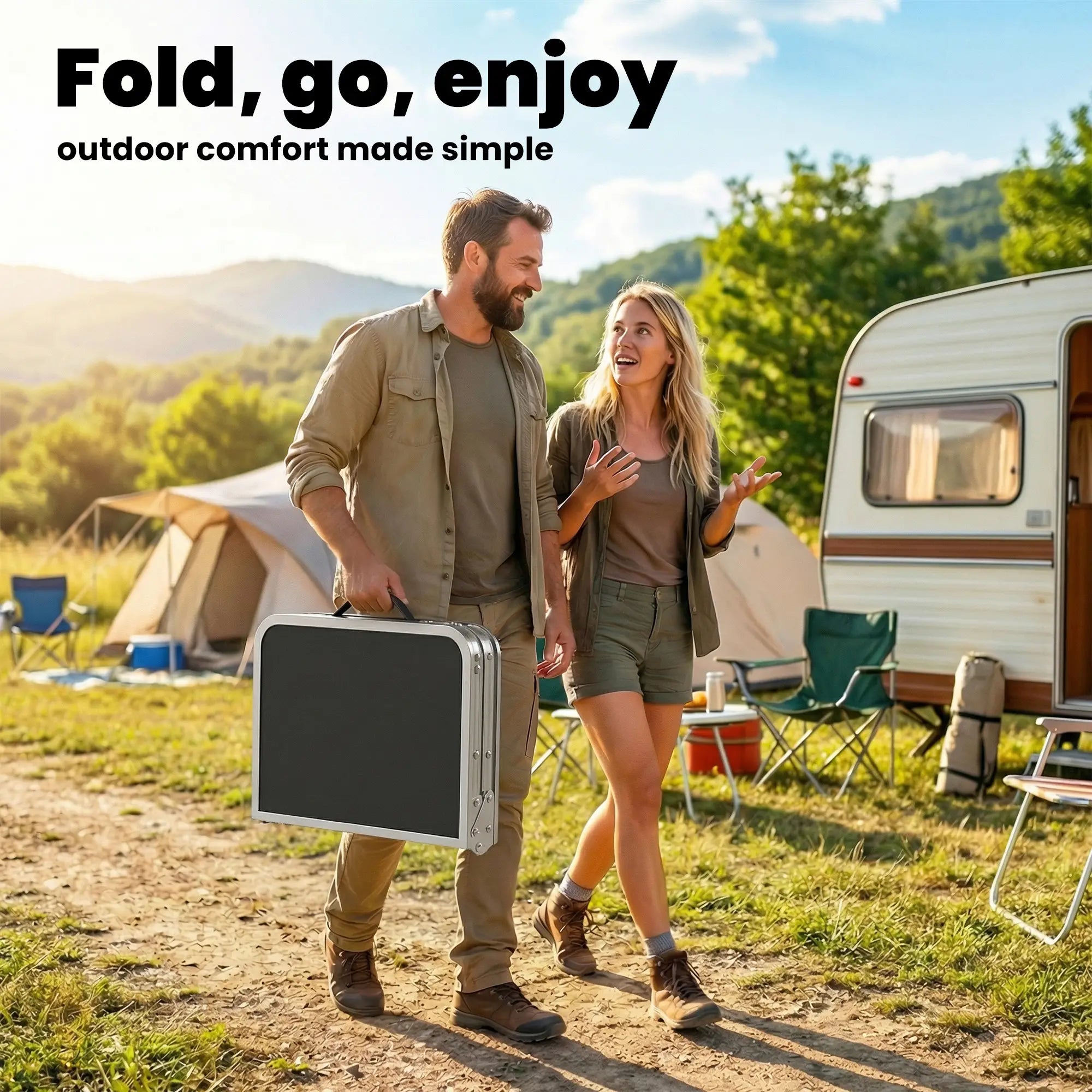 2ft Folding Camping Table, Mesh Storage, 4 Adjustable Heights, Black Picnic Tables & Camping Chairs at Gallery Canada