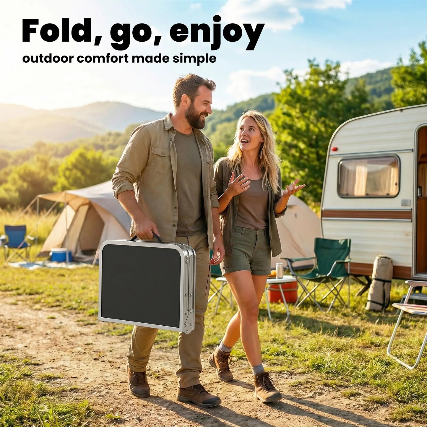 2ft Folding Camping Table, Mesh Storage, 4 Adjustable Heights, Black Picnic Tables & Camping Chairs at Gallery Canada