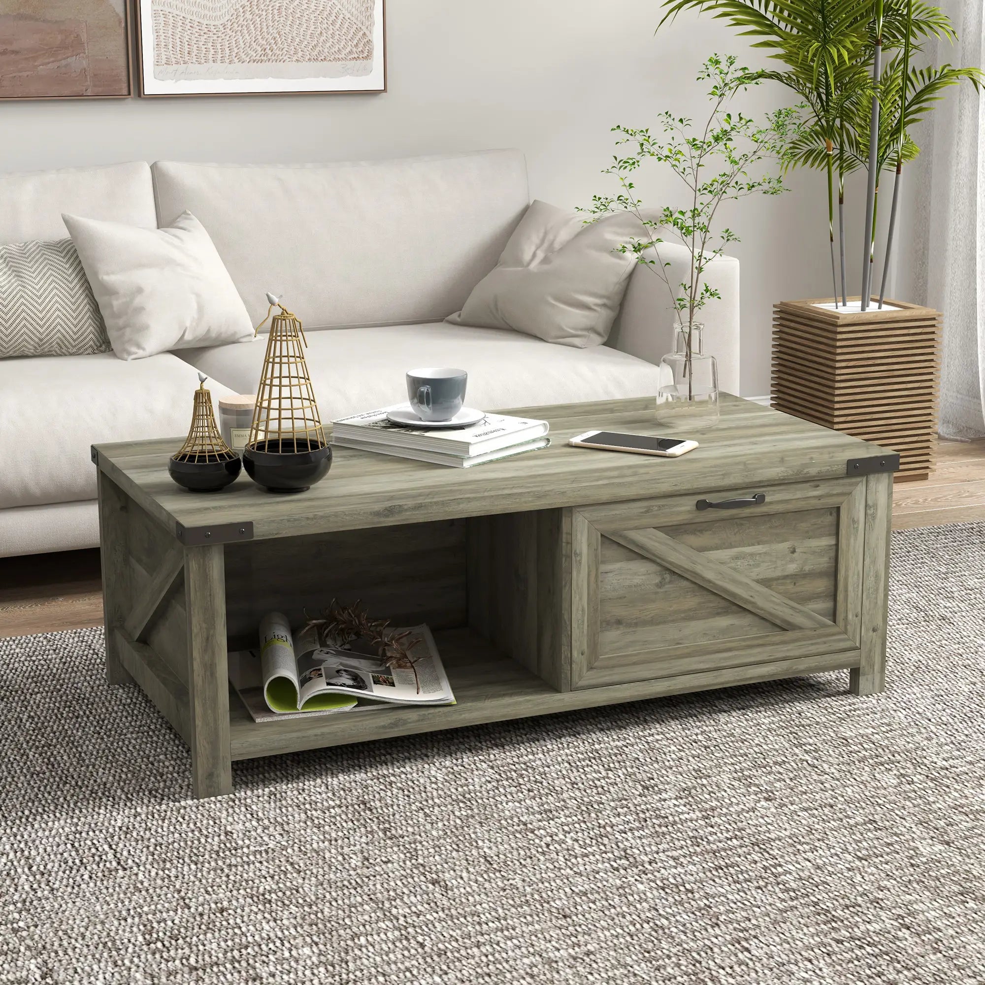 Farmhouse Coffee Table with Drawer, Storage Shelf, Grey Coffee Tables at Gallery Canada
