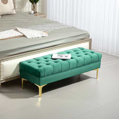 Upholstered End of Bed Bench, Button Tufted, Dark Green