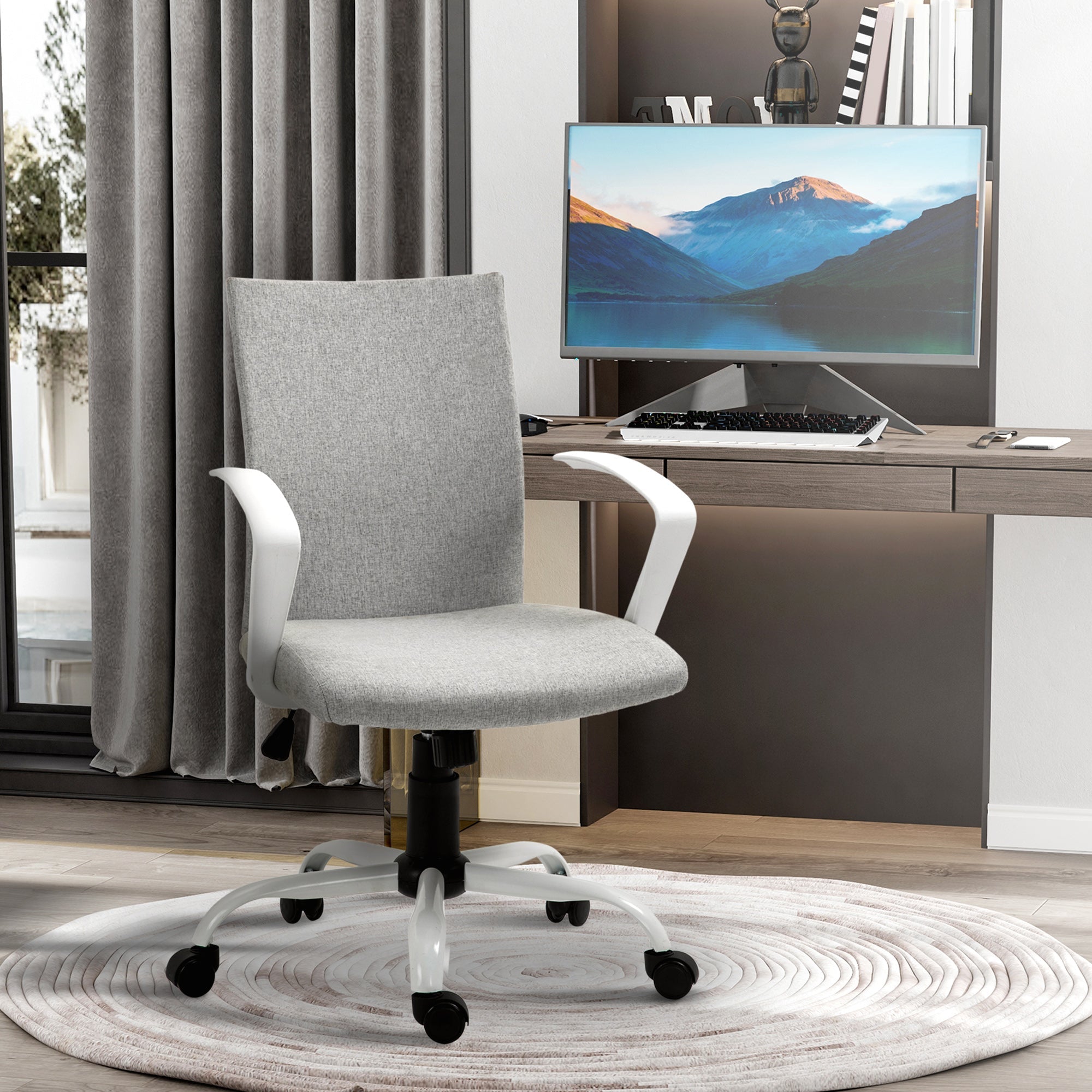 Mid Back Office Chair Linen Swivel Computer Study Chair Desk Chair with Wheels, Arm, Tilt Function, Light Grey - Gallery Canada