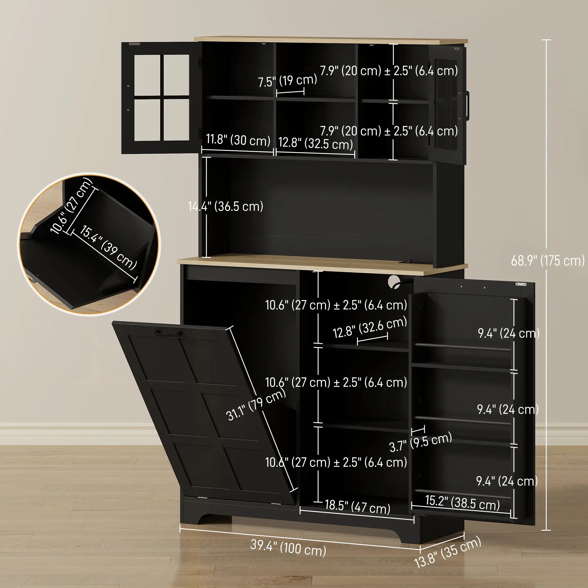 Kitchen Pantry Cabinet, 7 Gallon Trash Can, Adjustable Shelves, Acrylic Doors, Black Kitchen Pantry Cabinets at Gallery Canada
