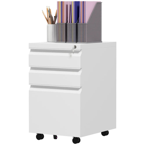 3 Drawer File Cabinet with Lock, Steel, 5 Wheels, Hanging Bar, White