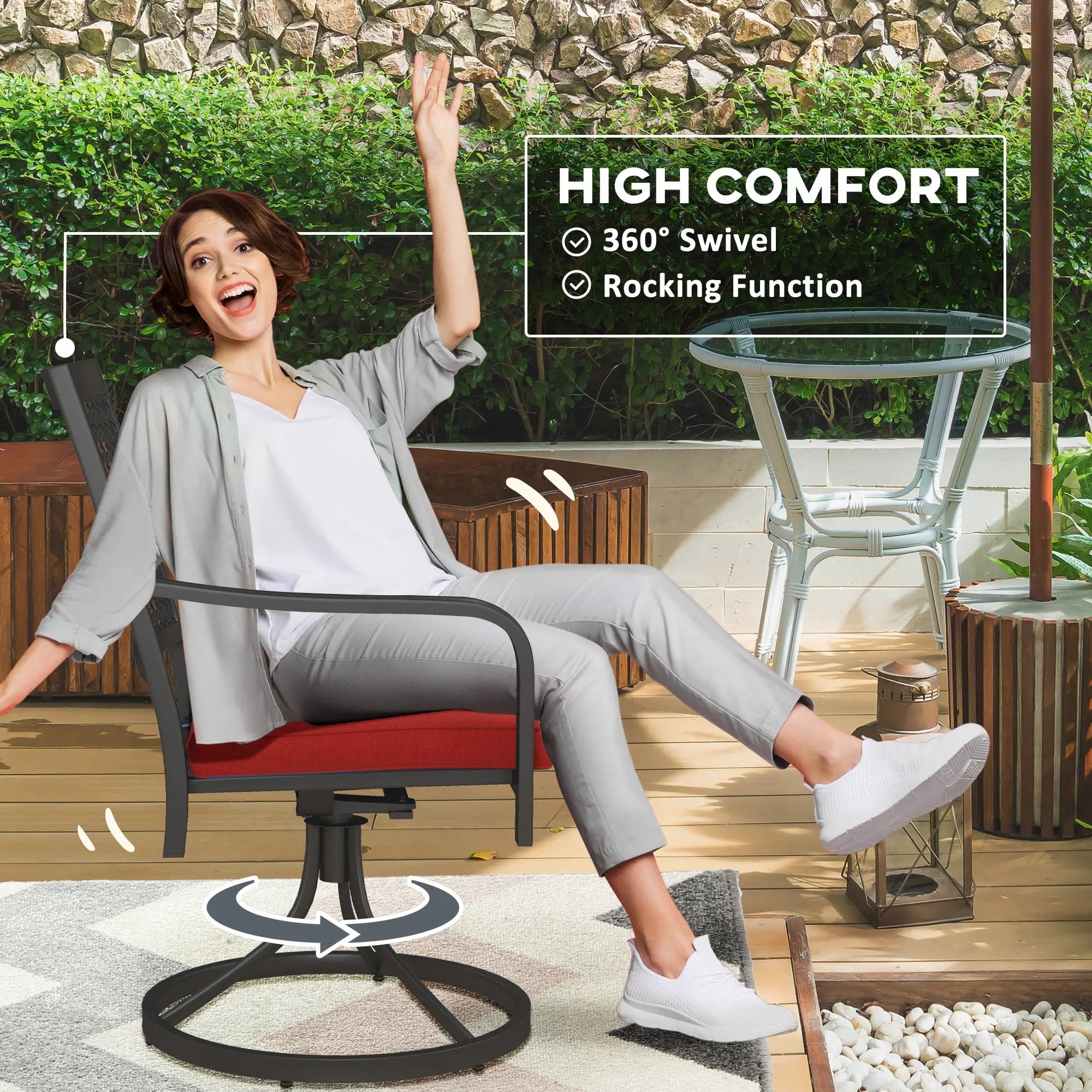 Patio Swivel Chair with Cushion, Outdoor Rocker, Curved Armrests, Red Bistro Sets at Gallery Canada