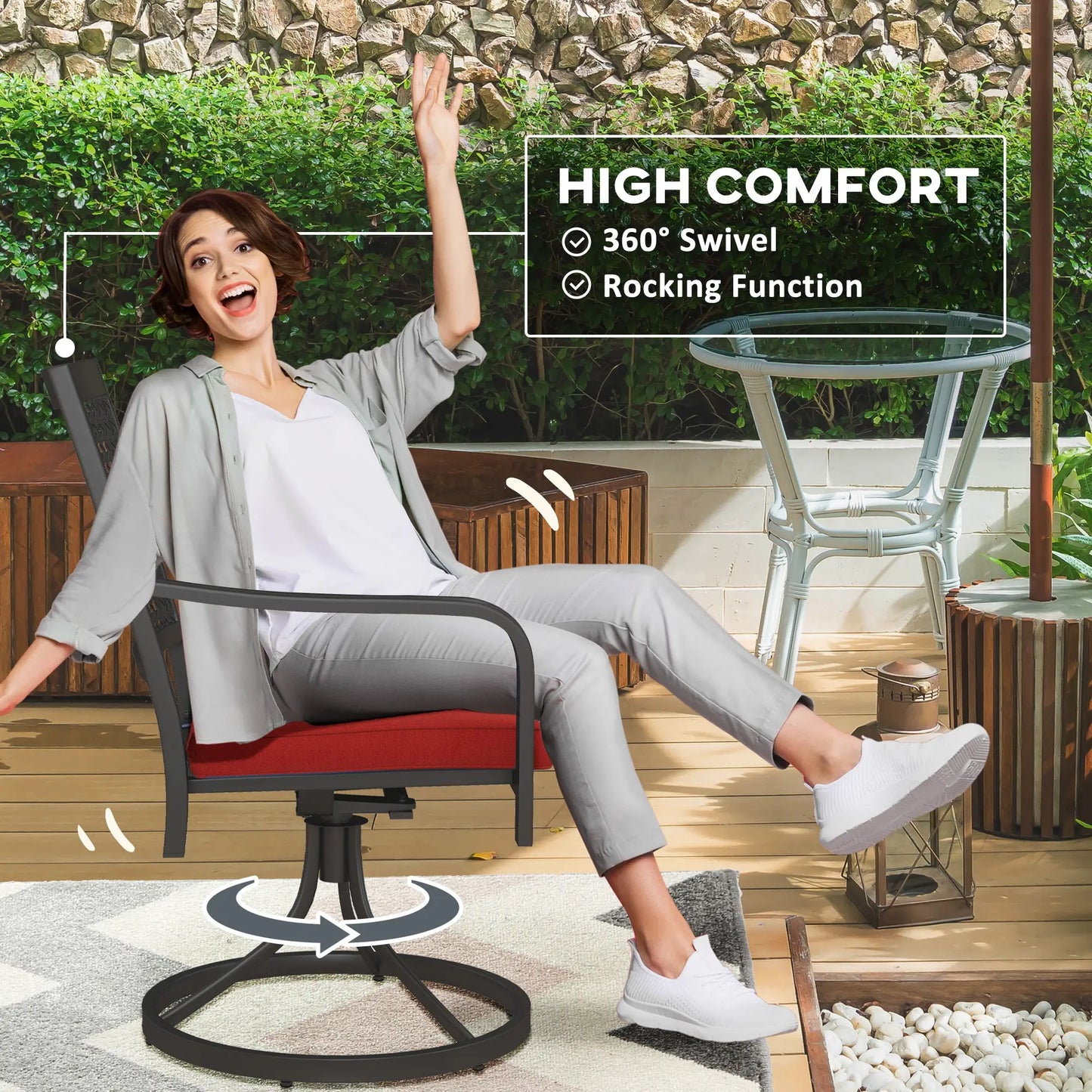 Patio Swivel Chair with Cushion, Outdoor Rocker, Curved Armrests, Red Bistro Sets at Gallery Canada