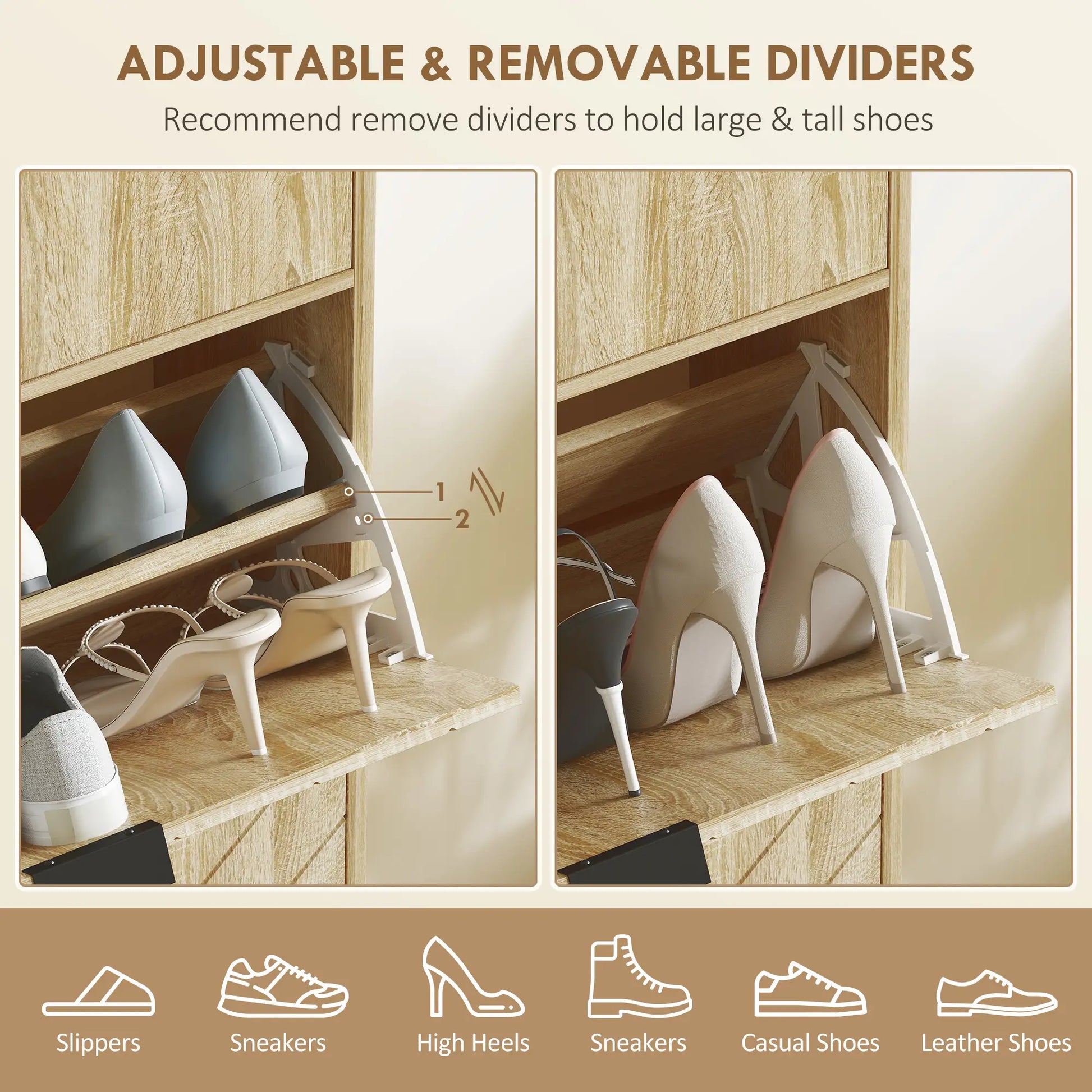 Narrow Shoe Storage Cabinet, Flip Drawers, Adjustable Shelves, Holds 8 Pairs, Oak Shoe Storage Cabinets & Racks at Gallery Canada