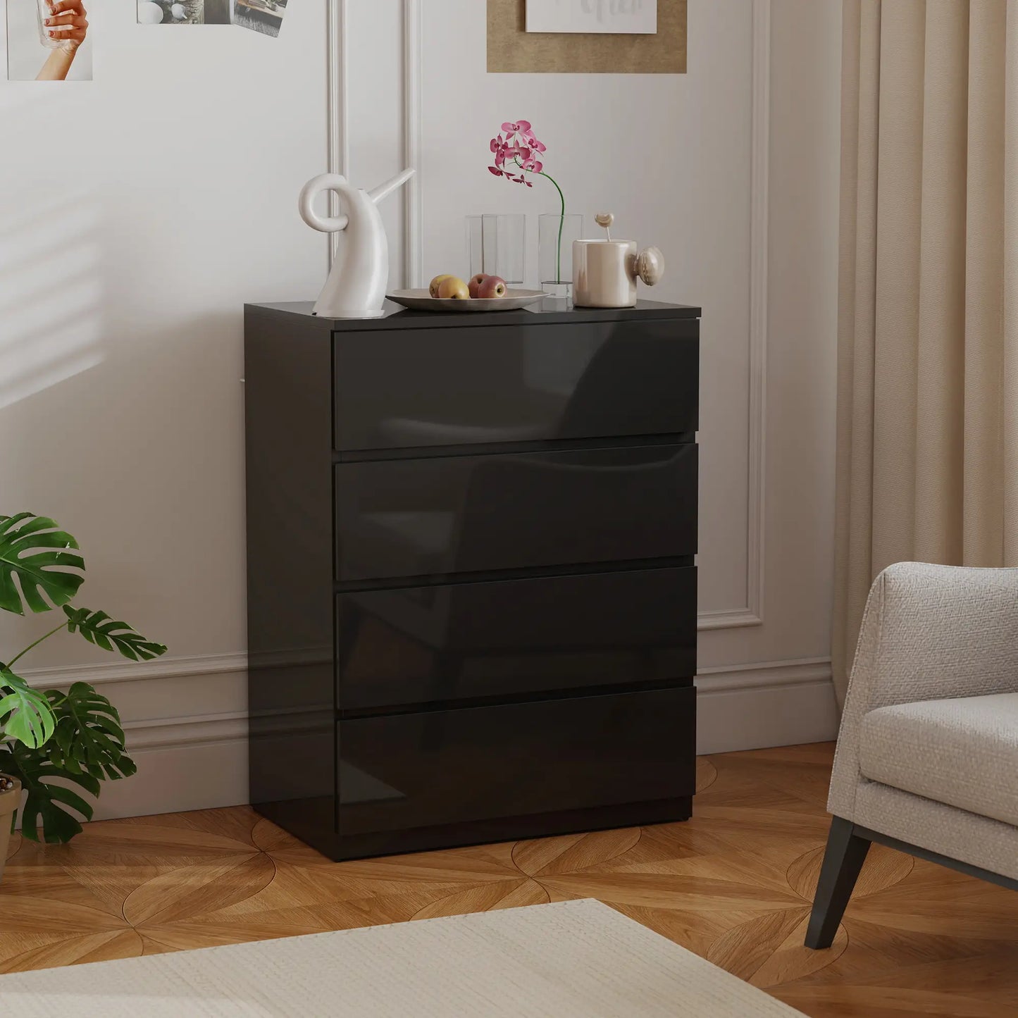 Armoire 4 tiroirs, Coffre haut brillant avec coulisses métalliques, Noir