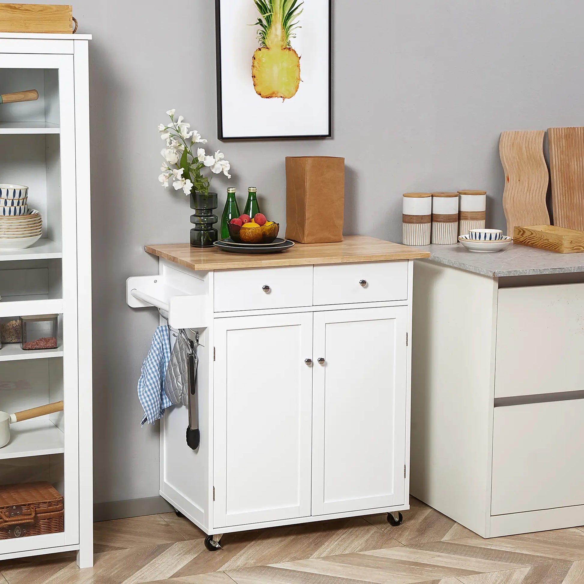 Rolling Kitchen Island with Storage, Adjustable Shelf, White Kitchen Islands & Kitchen Carts at Gallery Canada