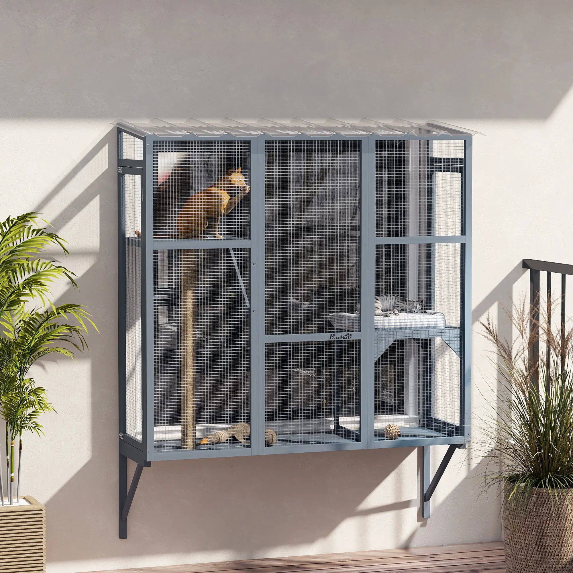 Wooden Catio Outdoor, Cat Window Box Enclosure for 2-3 Large Cats with 2 Jumping Platforms &; Scratching Post, Grey Outdoor Cat Enclosures at Gallery Canada