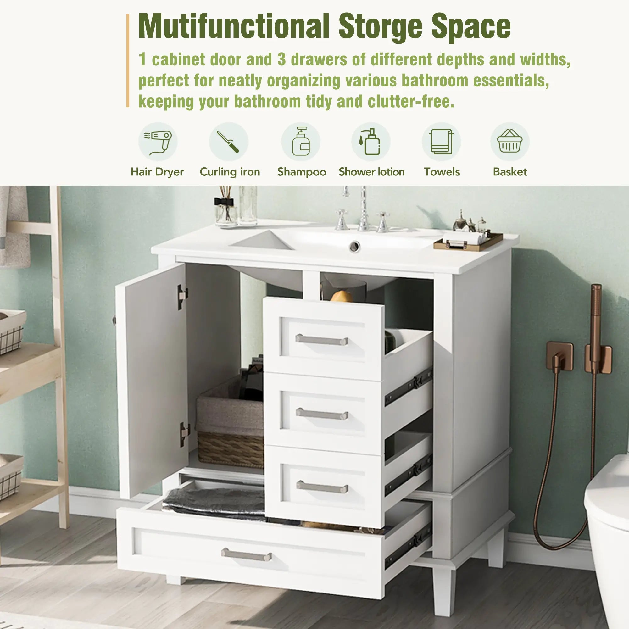 Solid Wood Bathroom Vanity, Sink Combo, Soft-Close Door, 3 Drawers, 30