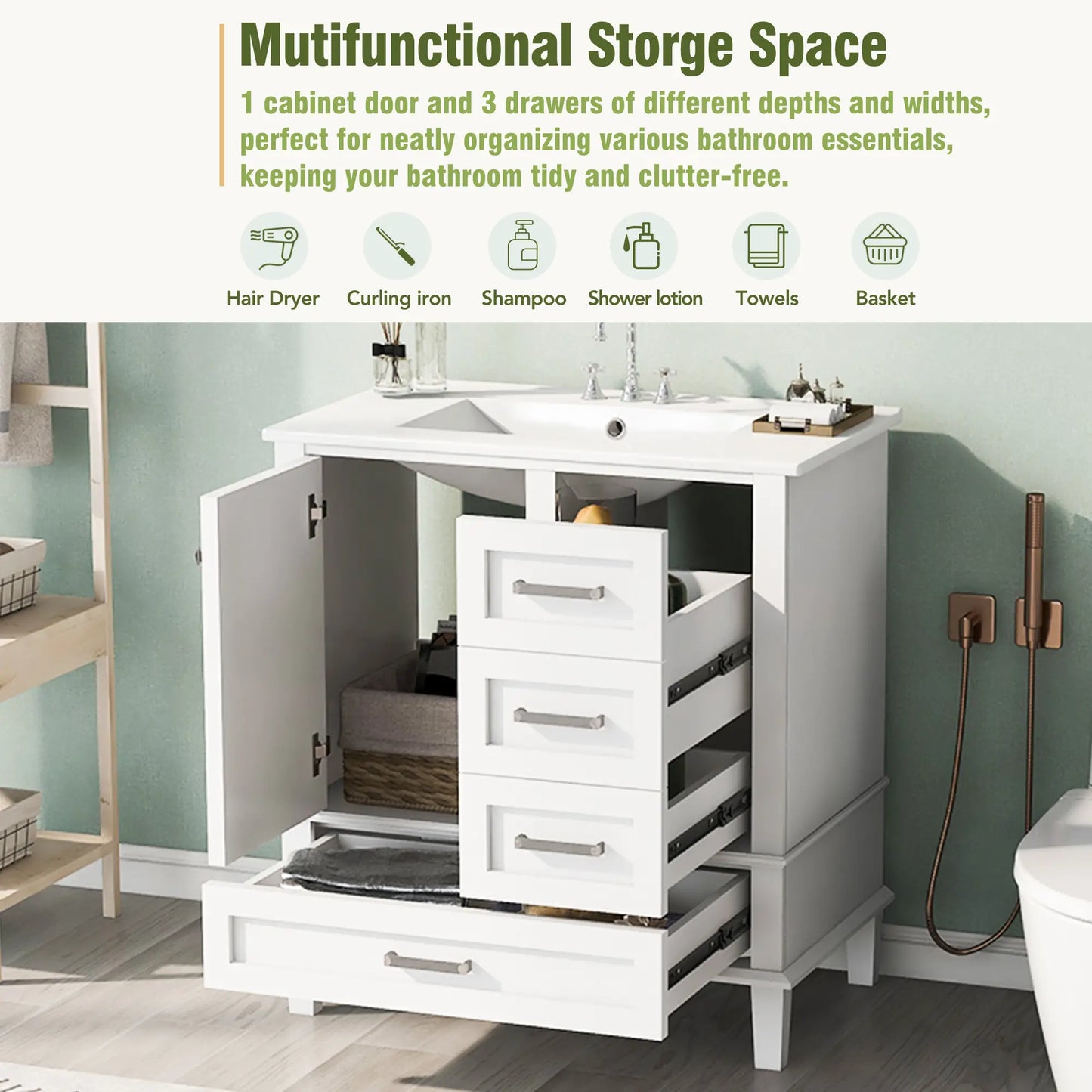 Solid Wood Bathroom Vanity, Sink Combo, Soft-Close Door, 3 Drawers, 30" L x 18" W x 34" H, White Sink Cabinets at Gallery Canada