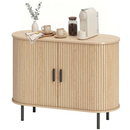 Sideboard Buffet Cabinet with Curved Tambour Doors, Natural Wood, Natural Wood