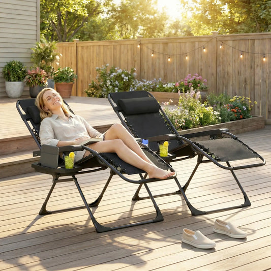 Zero Gravity Chair Set Of 2, Folding Reclining Outdoor Lounge Chair, Black Lounger Chairs Black at Gallery Canada