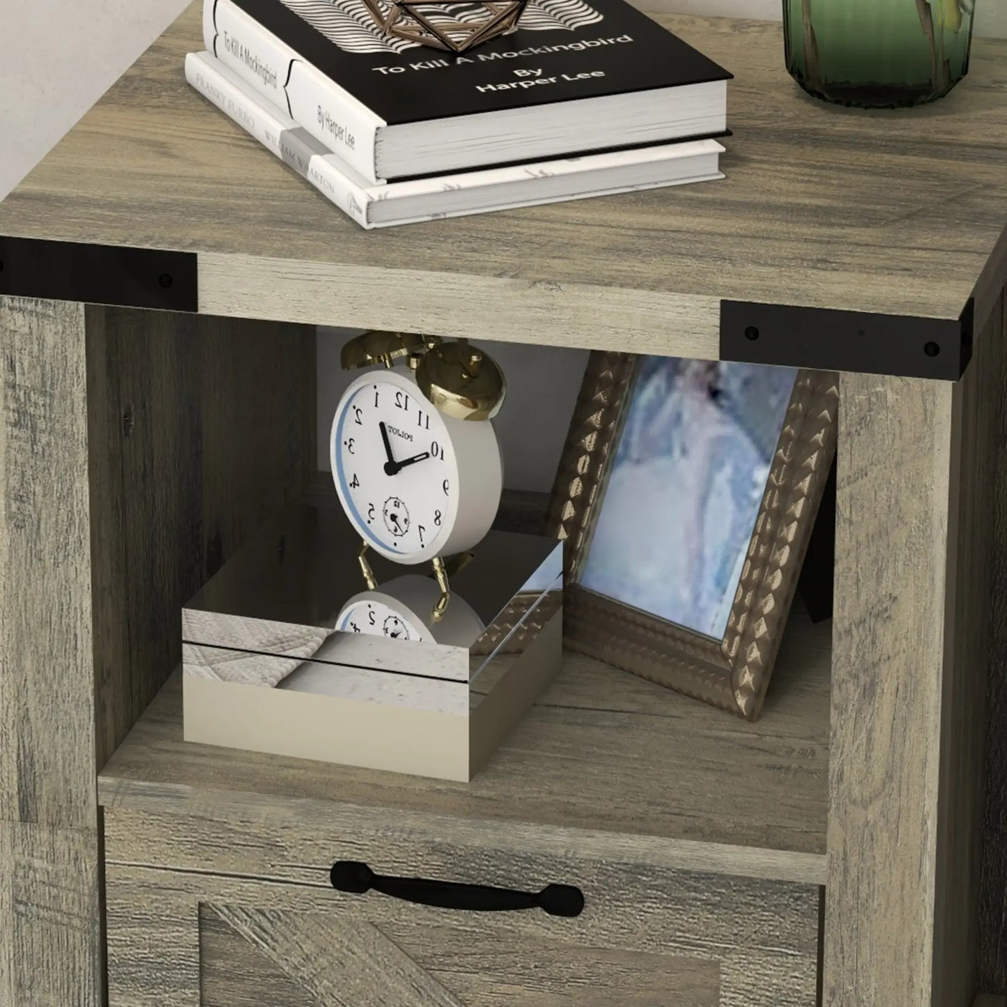 Farmhouse Side Table with Storage, Drawer, Open Shelf, Grey Side Tables at Gallery Canada