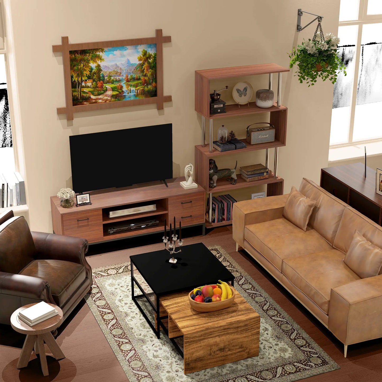 5-Tier Geometric Wooden Bookcase, S-Shaped Storage, Walnut Display Bookshelves at Gallery Canada