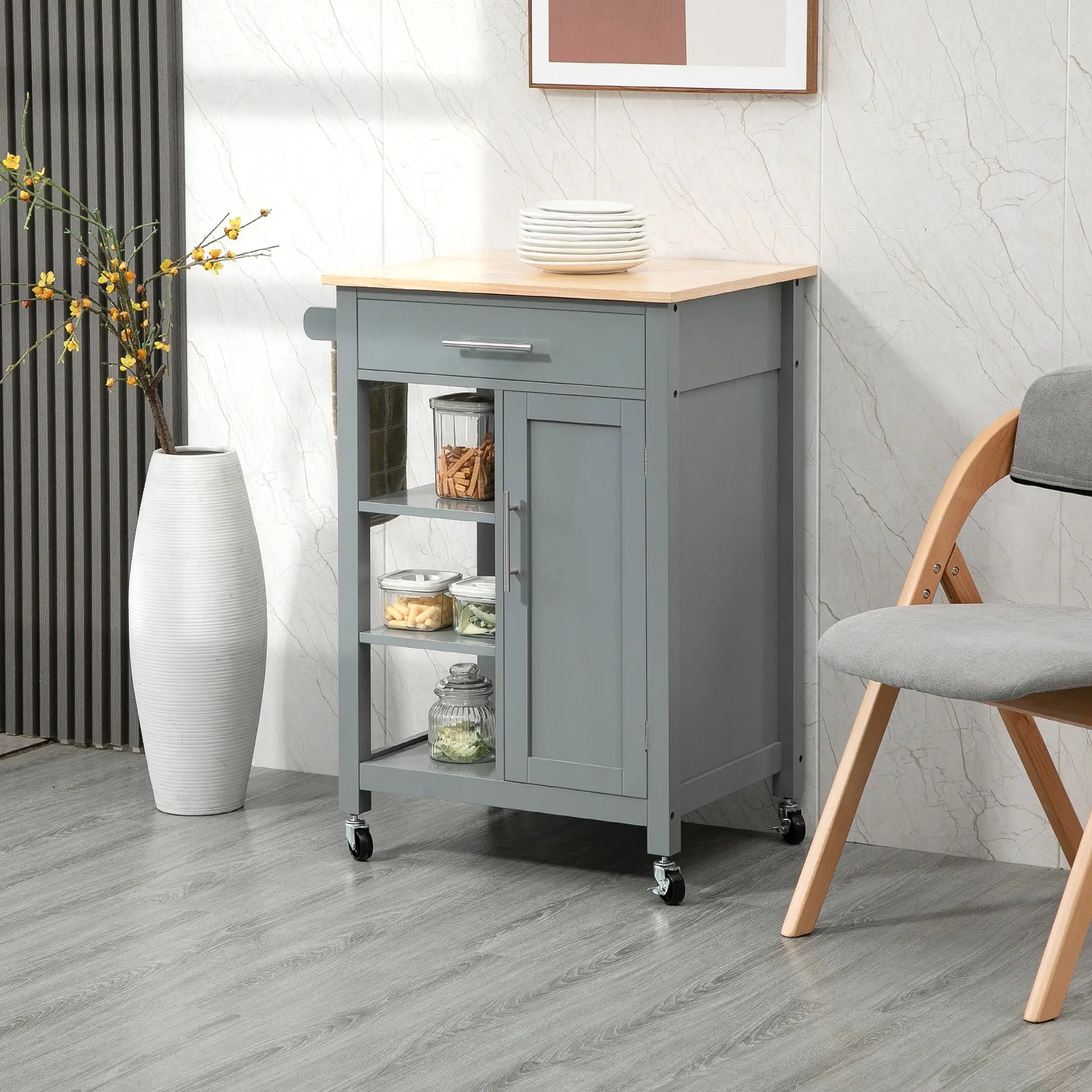 Compact Kitchen Cart on Wheels, Open Shelf, Storage Drawer, Grey Kitchen Islands & Kitchen Carts at Gallery Canada