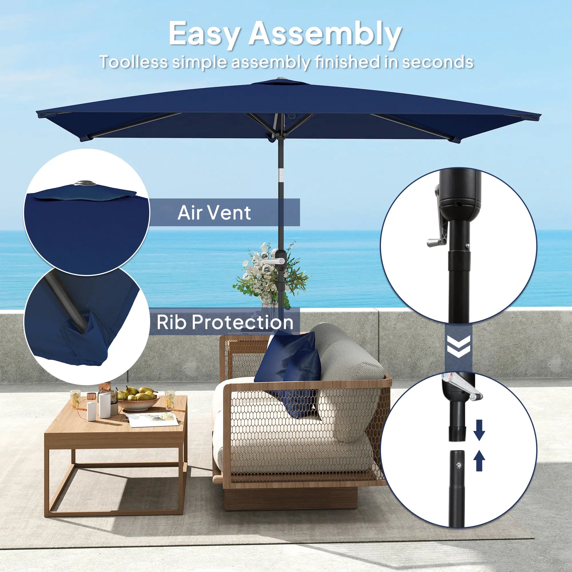 6.5x9.6ft Rectangle Aluminum Tilt Patio Umbrella, Navy Blue Sun Umbrellas at Gallery Canada