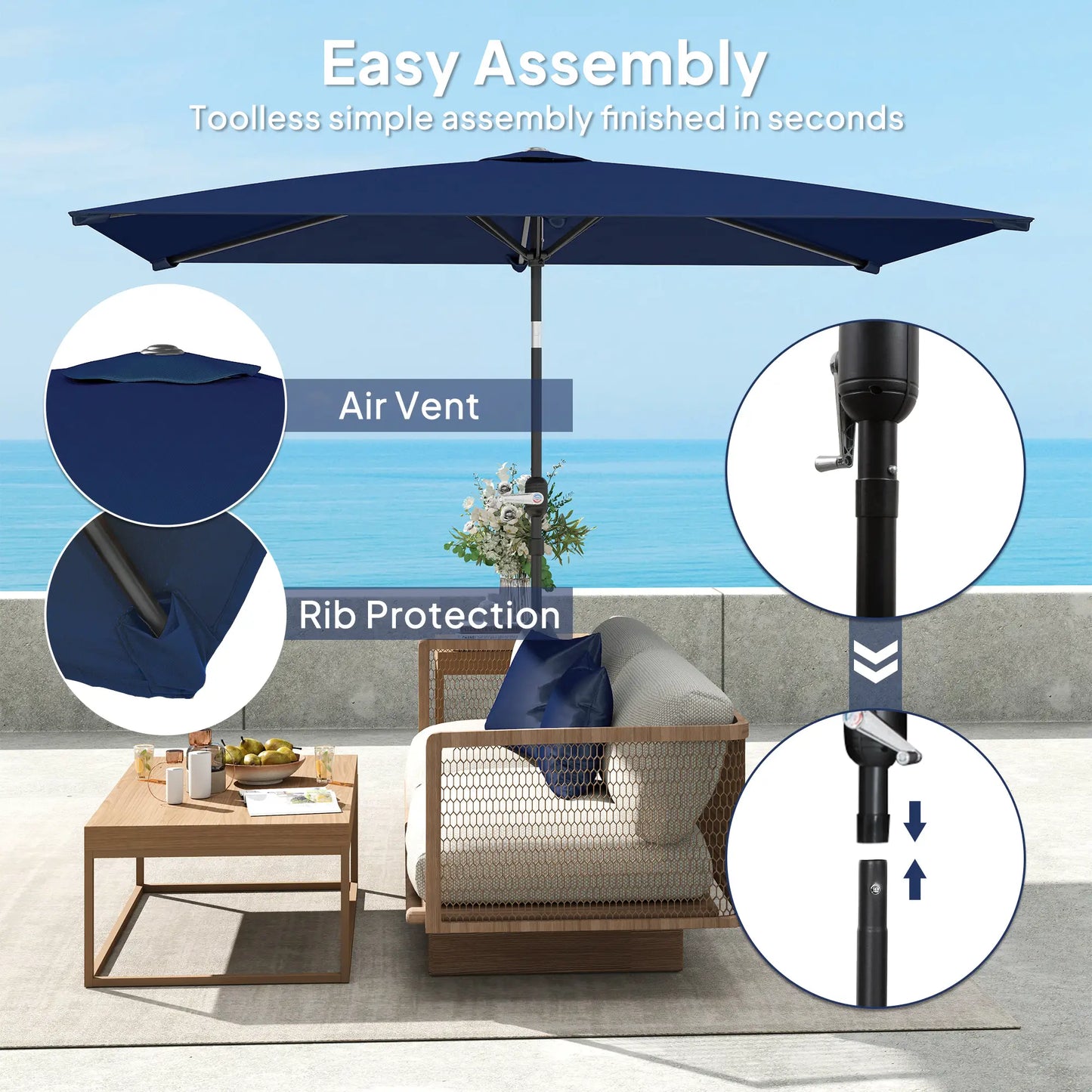 6.5x9.6ft Rectangle Aluminum Tilt Patio Umbrella, Navy Blue Sun Umbrellas at Gallery Canada