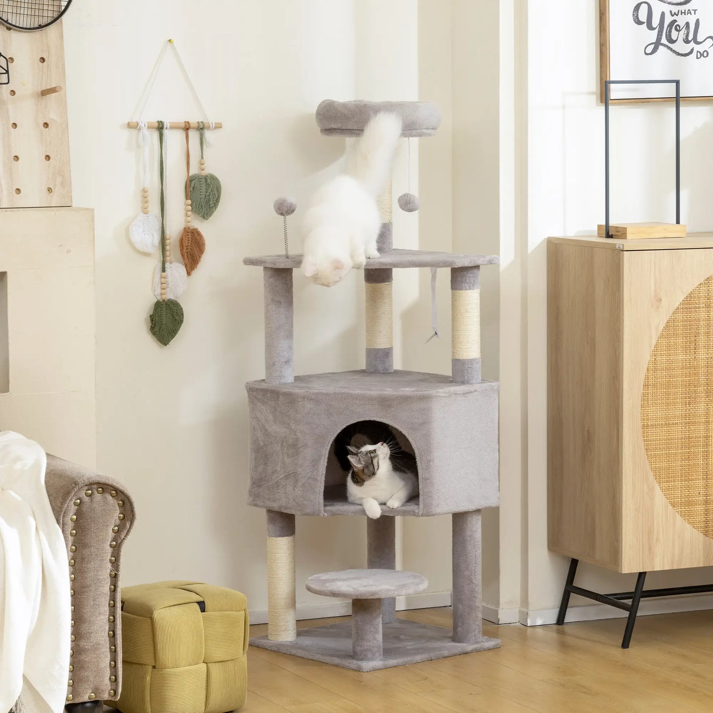 54 Inch Cat Tree, Large Condo, Top Perch, Sisal Posts, Dangling Toy, Light Grey Cat Trees at Gallery Canada