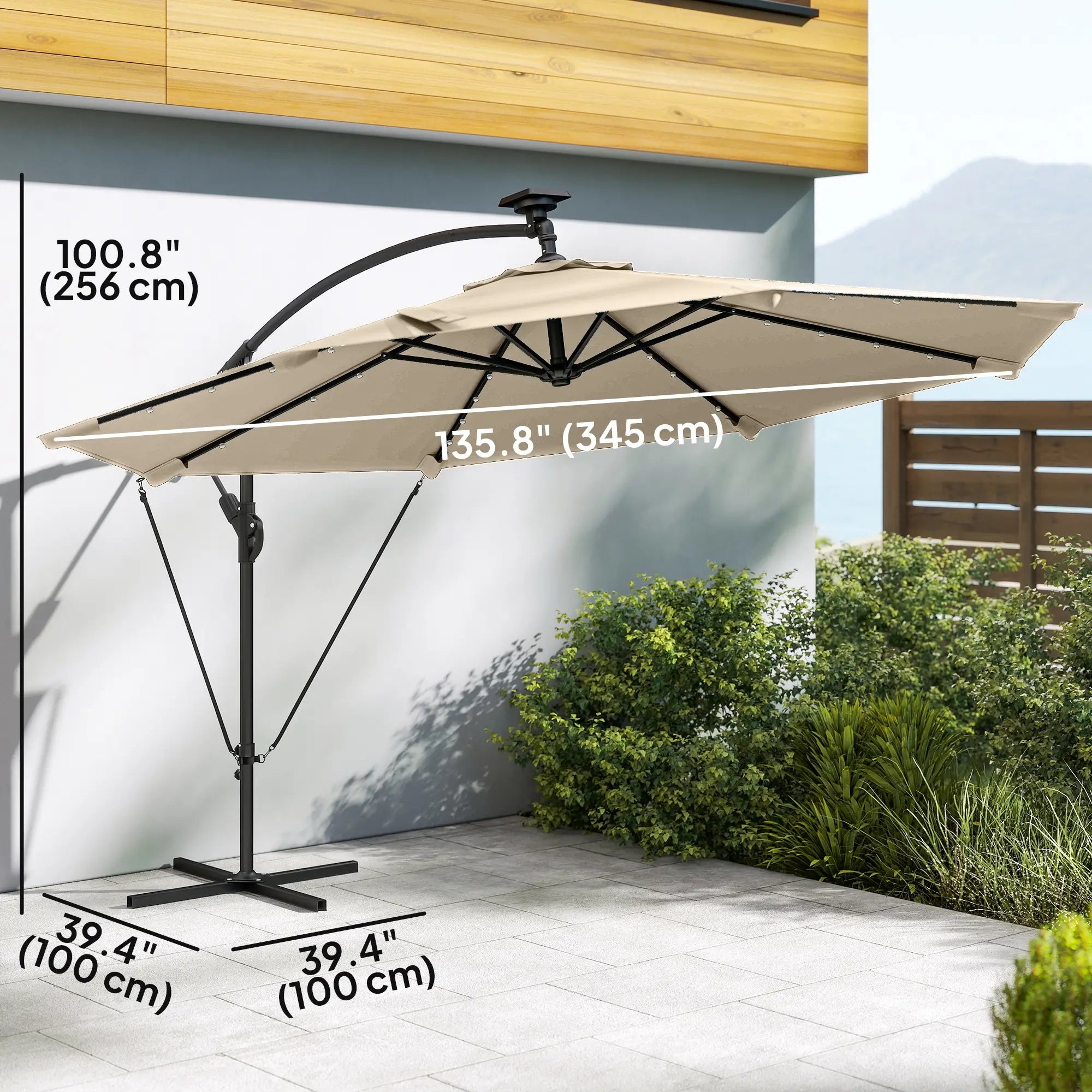 11.3 ft Cantilever Patio Umbrella With Light, Cover, Aluminium UPF50+, Khaki Offset Cantilever Umbrellas at Gallery Canada