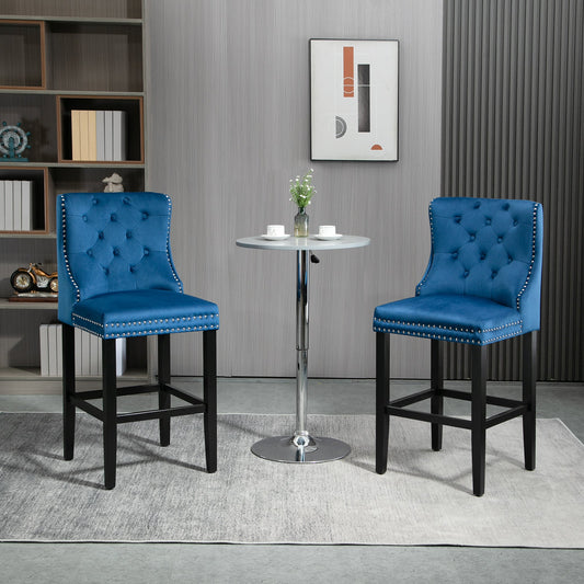Upholstered Fabric Bar Stool Set of 2, Button Tufted 29.5" Seat Height Pub Chairs with Back &; Wood Legs, Blue - Gallery Canada