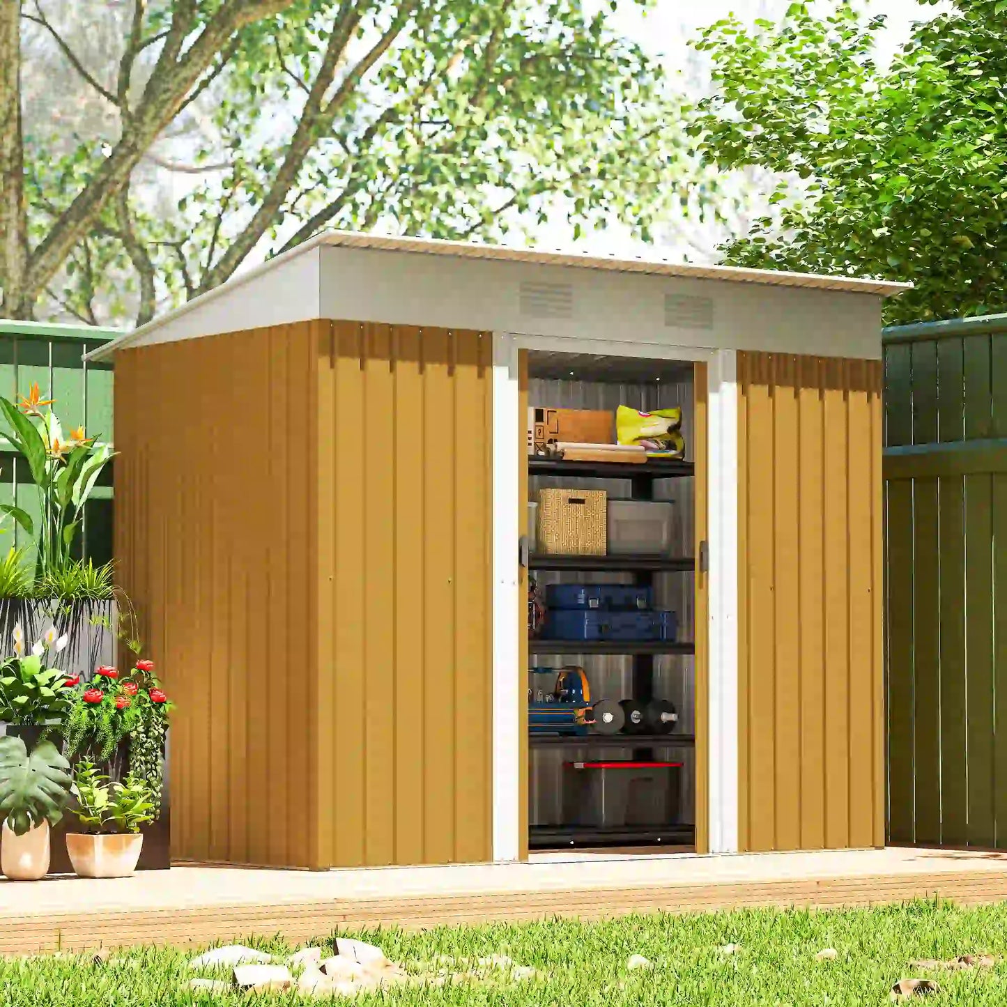 7' x 4' Metal Storage Shed, Outdoor Garden Tool Organizer, Yellow