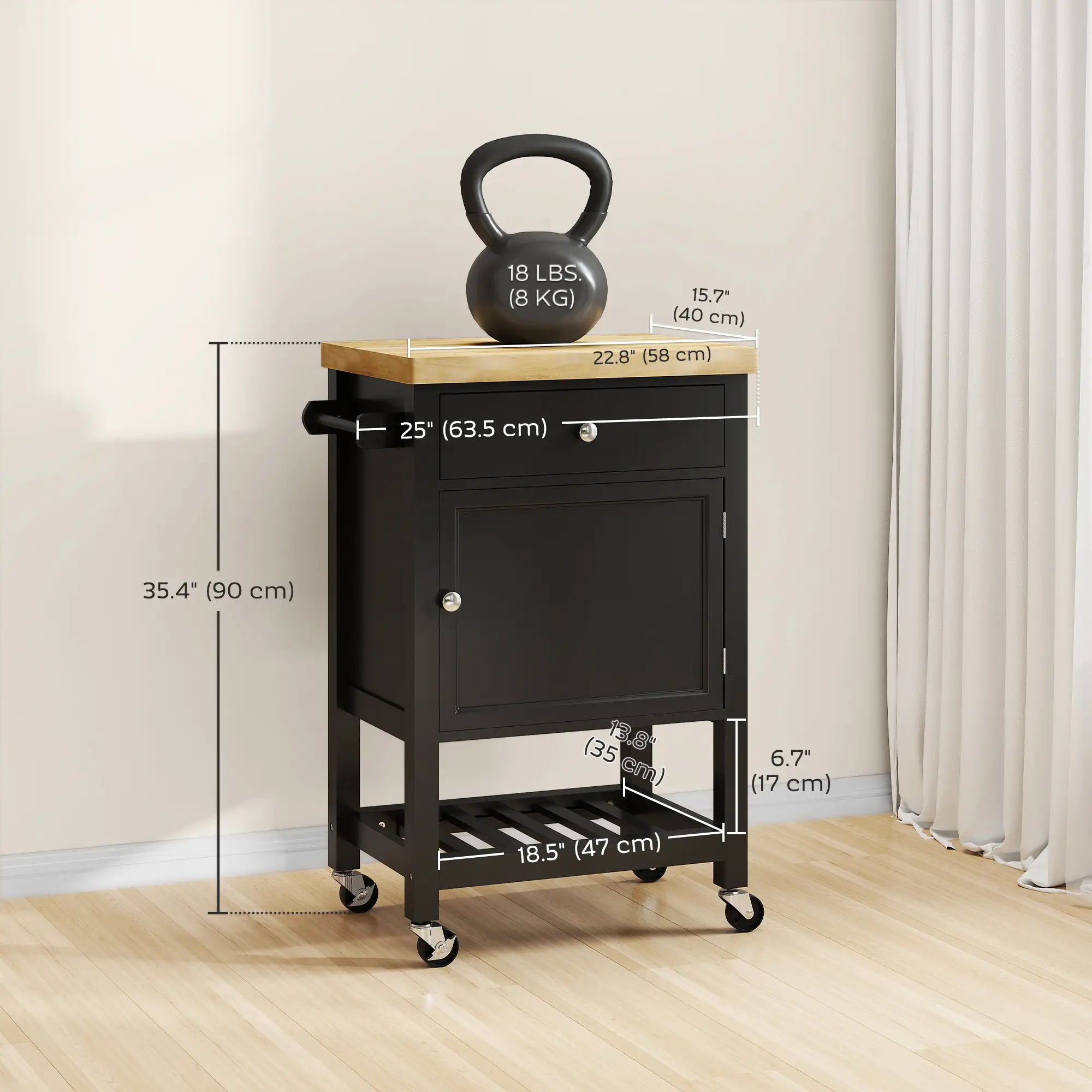 Rolling Kitchen Cart, Wood Top with Towel Rack, Drawer, Shelf, Black Kitchen Islands & Kitchen Carts at Gallery Canada