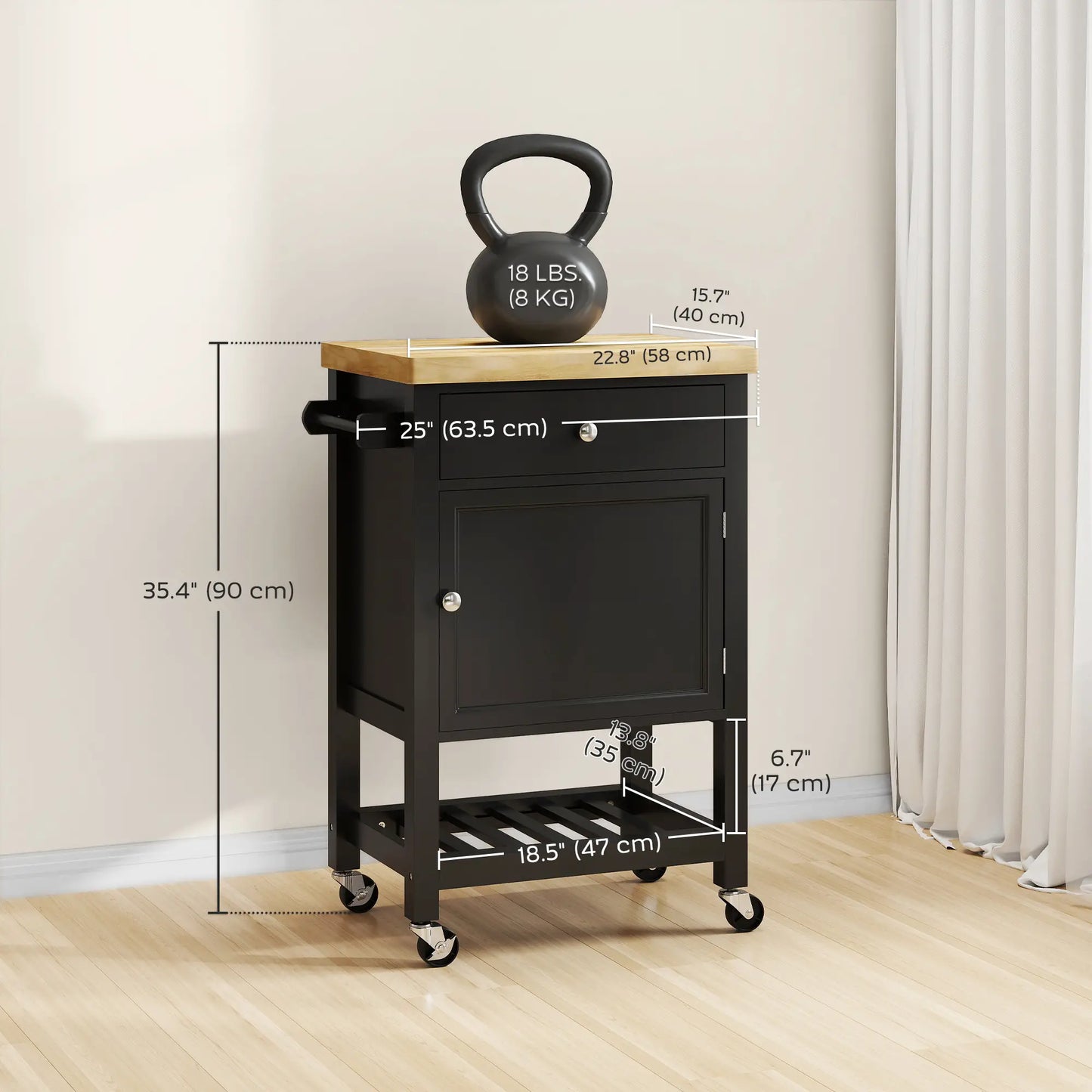 Rolling Kitchen Cart, Wood Top with Towel Rack, Drawer, Shelf, Black Kitchen Islands & Kitchen Carts at Gallery Canada