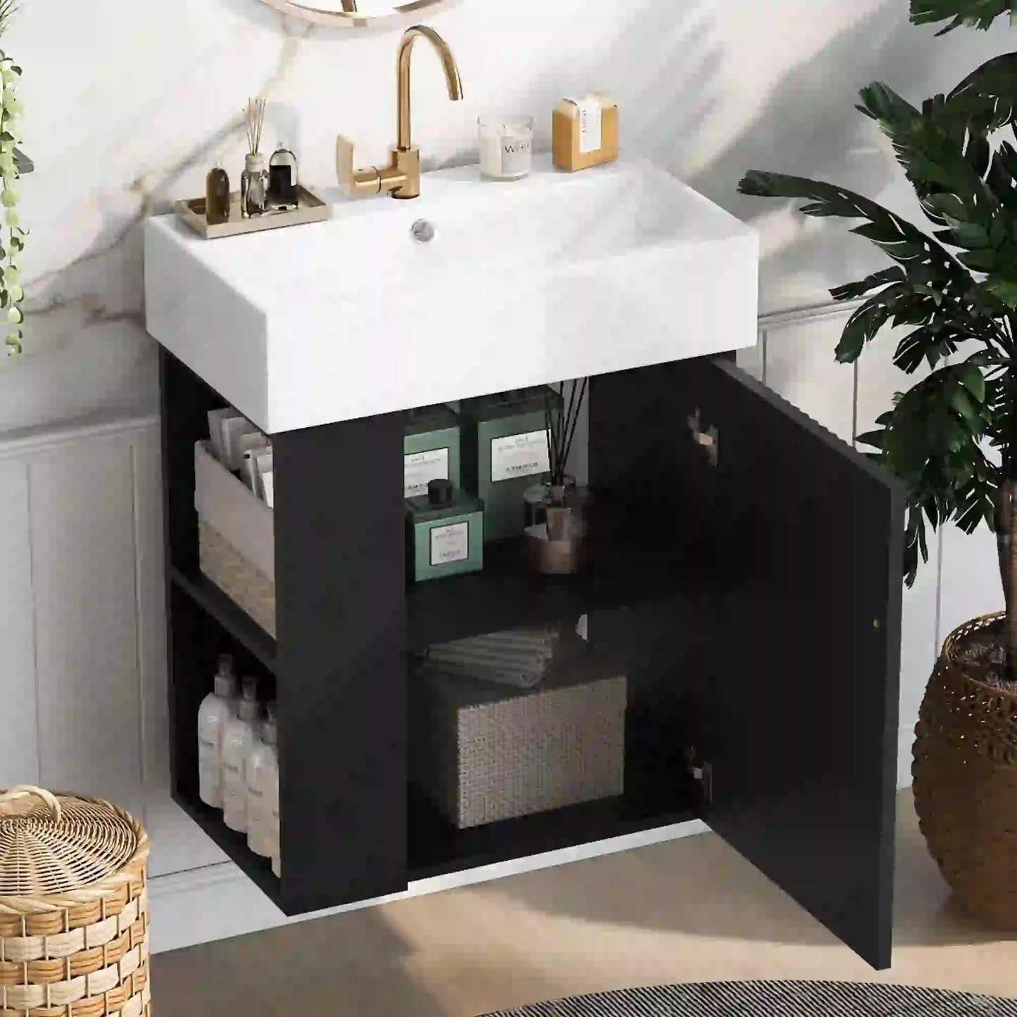 Floating Bathroom Vanity, Ceramic Basin, Side Storage, 21.5" L x 12" W x 26.5" H, Black Sink Cabinets at Gallery Canada