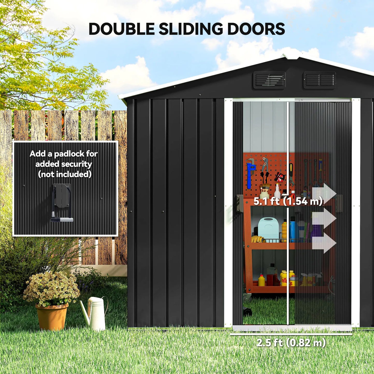 8' x 6' Outdoor Storage Shed, Metal Garden Tool House, Lockable Doors, Charcoal Grey Sheds at Gallery Canada