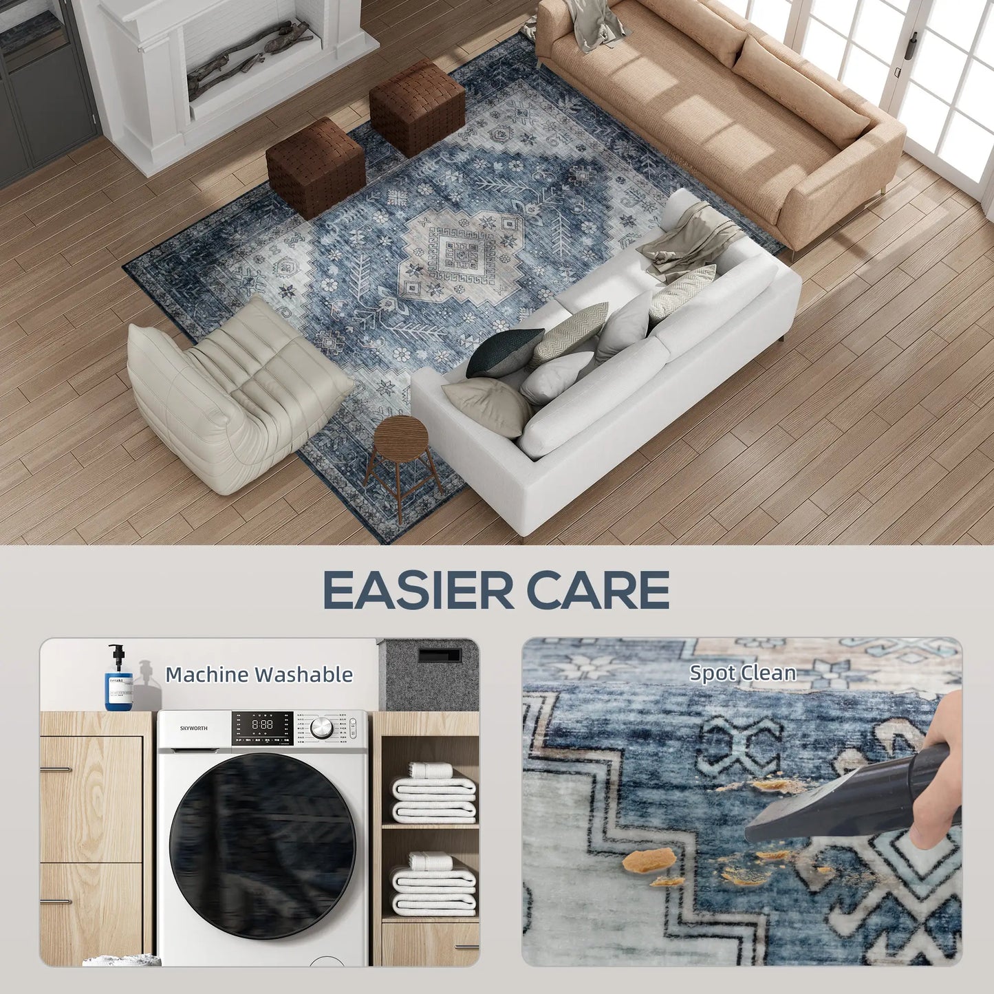 6x9 Vintage Washable Non-Slip Rug, for Living Room, Bedroom, Blue Living Room Furniture at Gallery Canada