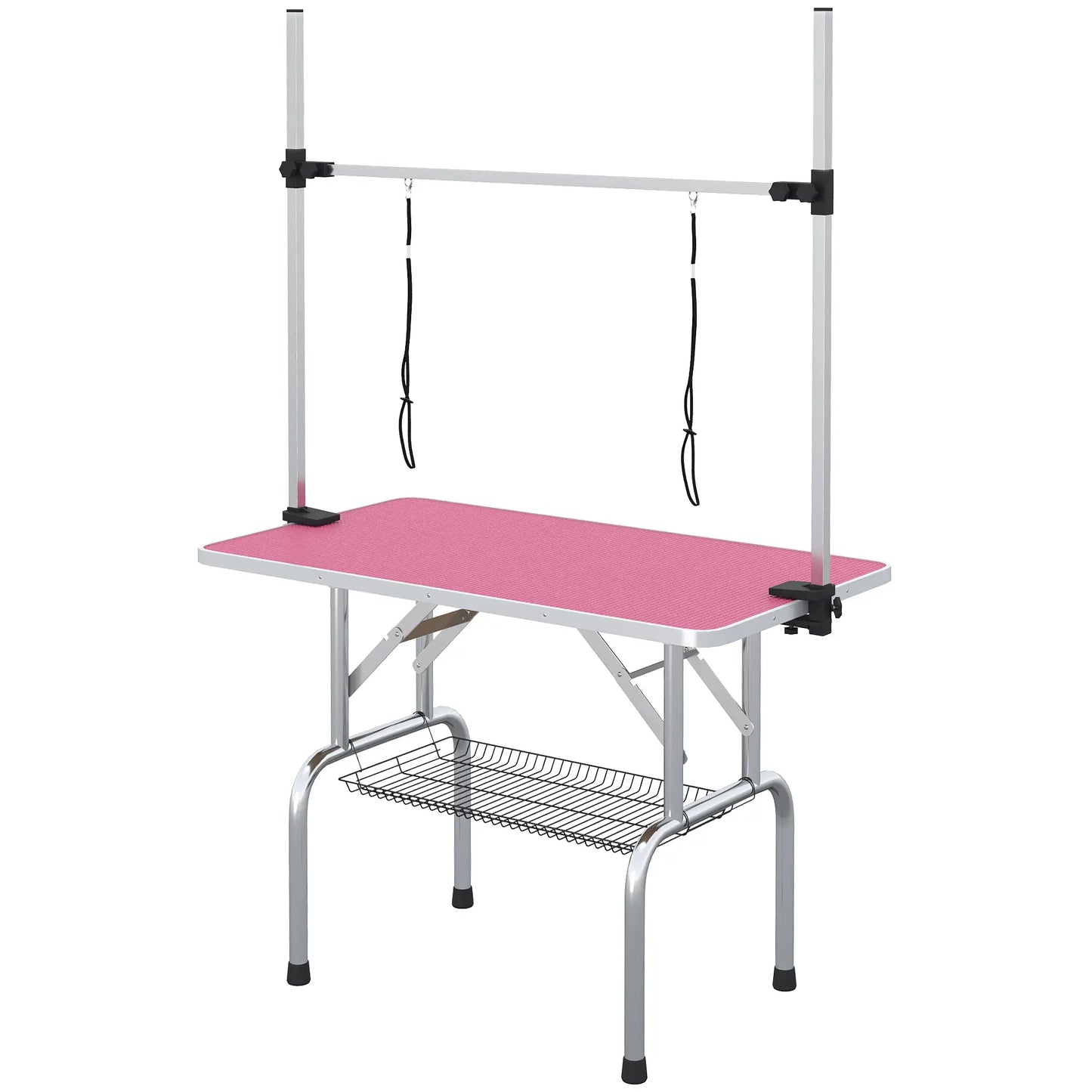 Adjustable Dog Grooming Table with 2 Safety Slings, Storage Basket, Pink Dog Grooming Tables Pink at Gallery Canada