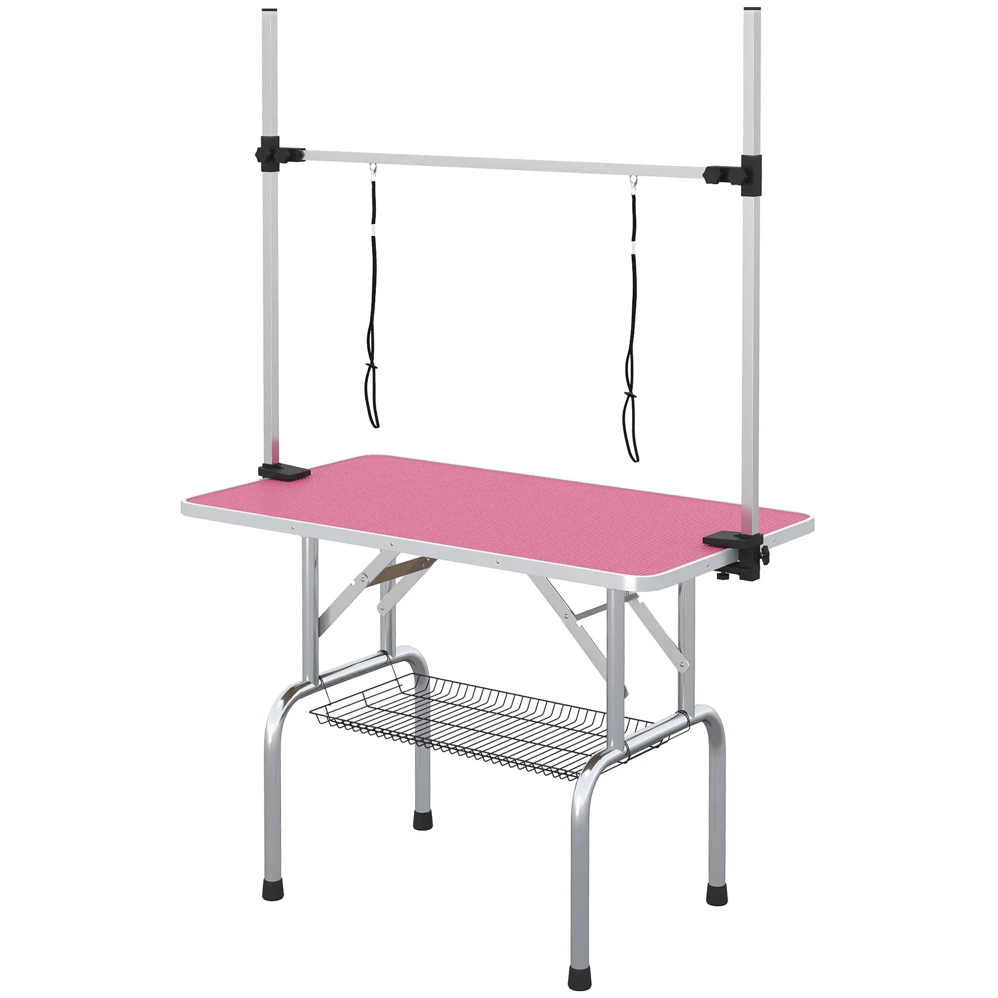 Adjustable Dog Grooming Table with 2 Safety Slings, Storage Basket, Pink Dog Grooming Tables Pink at Gallery Canada