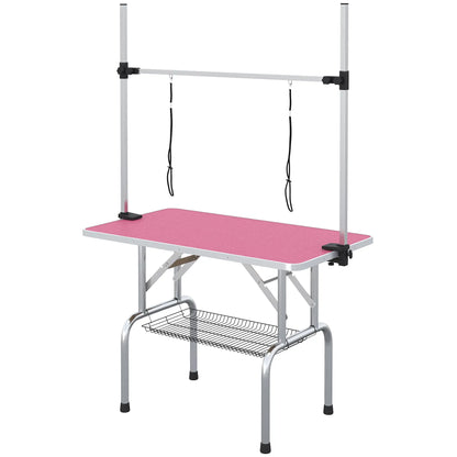 Adjustable Dog Grooming Table with 2 Safety Slings, Storage Basket, Pink Dog Grooming Tables Pink at Gallery Canada