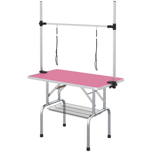 Adjustable Dog Grooming Table with 2 Safety Slings, Storage Basket, Pink Dog Grooming Tables Pink at Gallery Canada
