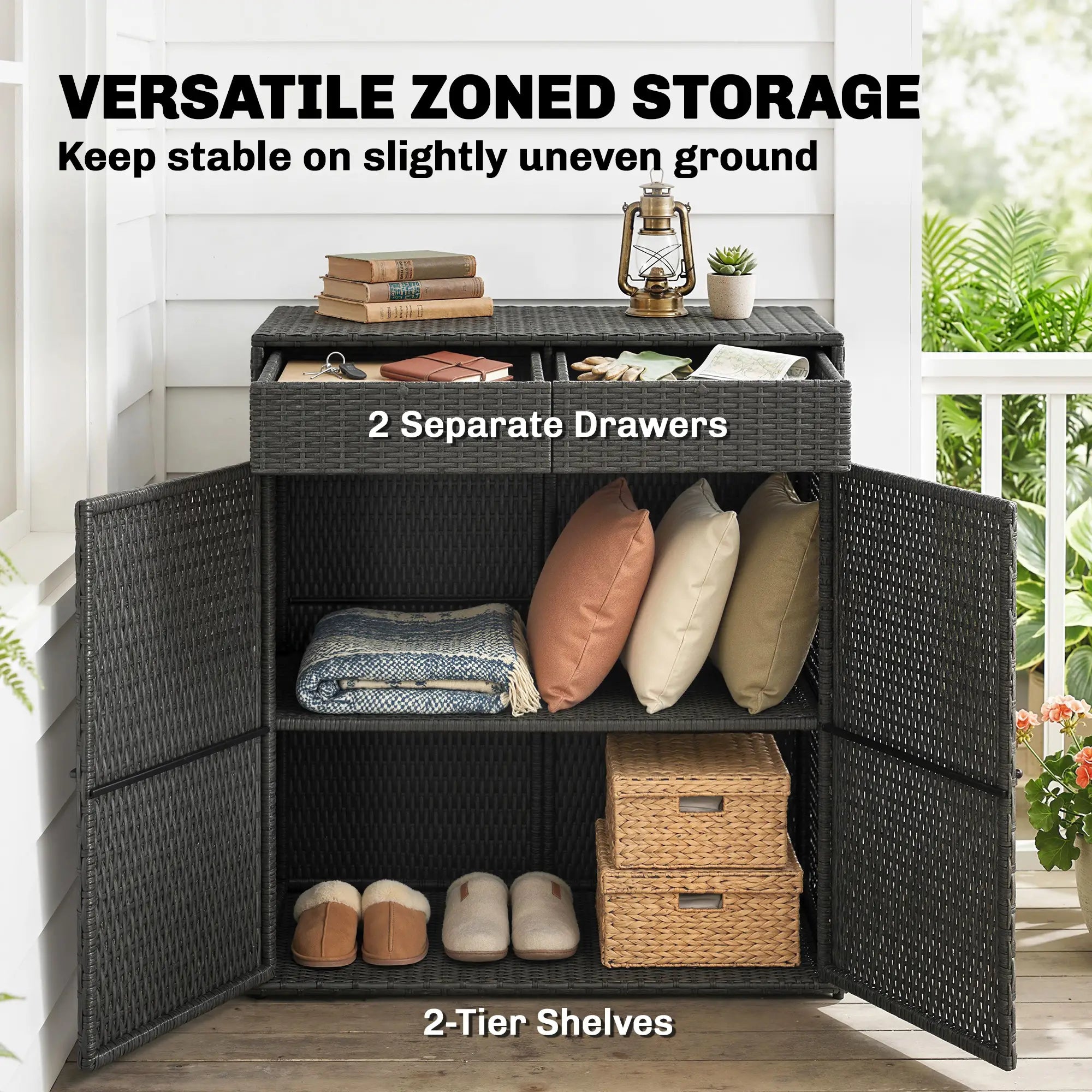 Wicker Outdoor Storage Cabinet, 2 Doors, Drawers, 2-Tier Shelf, Dark Grey Patio Storage Boxes at Gallery Canada