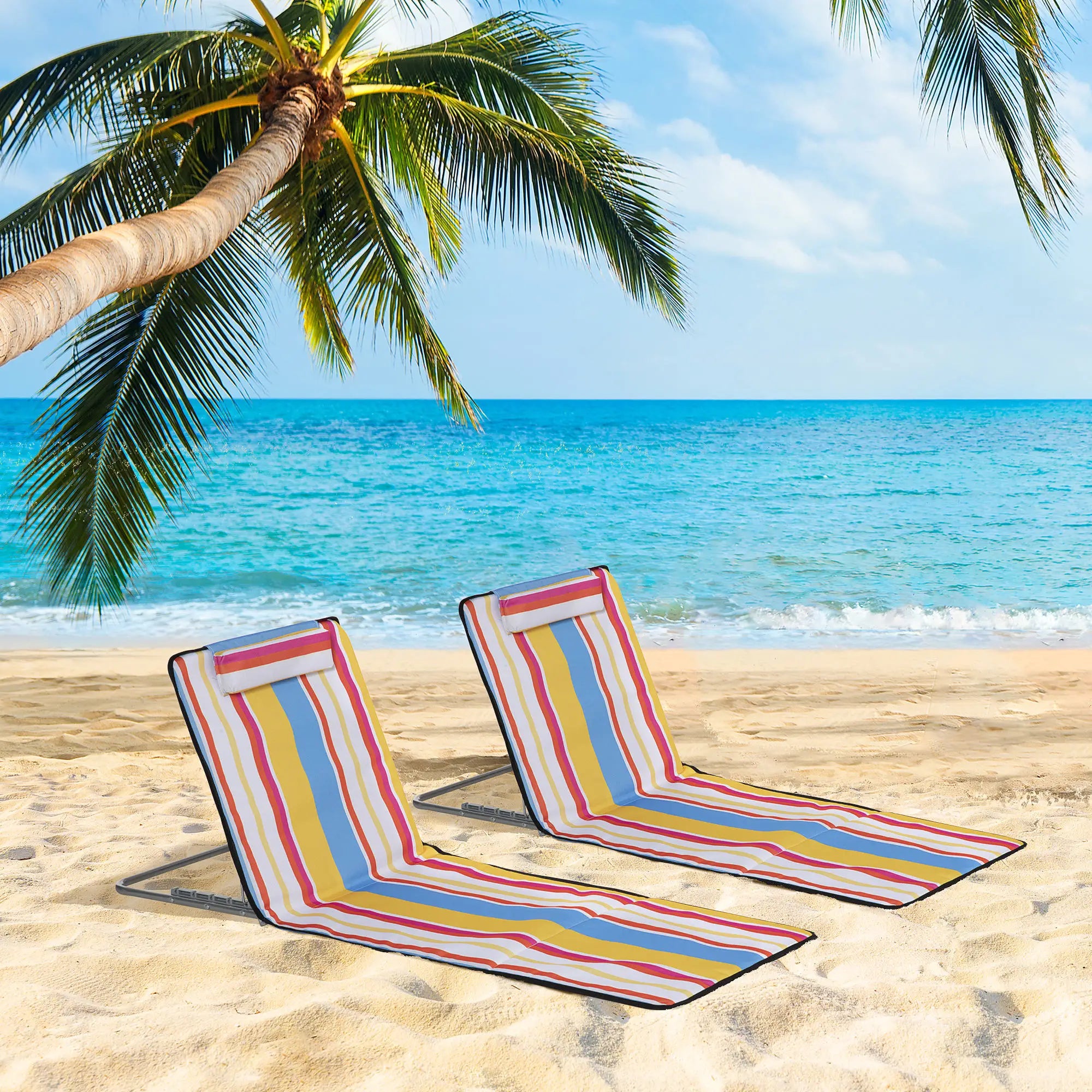 Set of 2 Beach Lounge Chairs, Padded Folding Mat, Adjustable Back, Steel Frame, Head Pillow, Carry Bag, Colorful Stripes, Colorful Beach Accessories at Gallery Canada