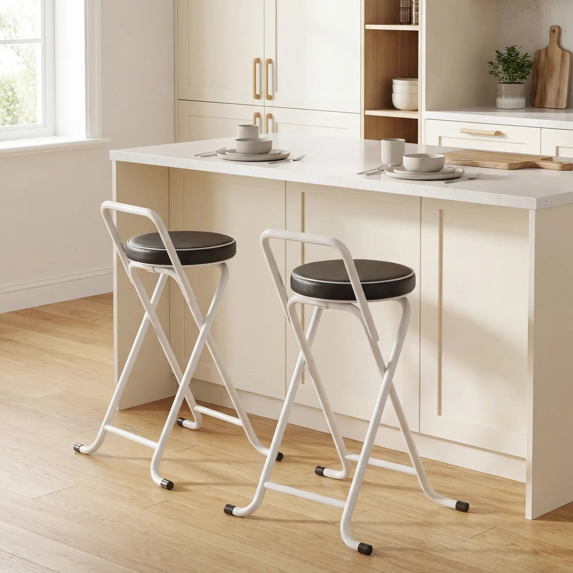 Foldable Bar Stools Set Of 2, PU Cushioned Seat, Footrest, Black Bar Stools at Gallery Canada