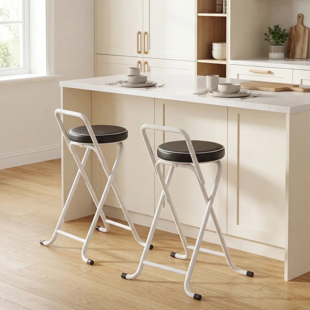 Foldable Bar Stools Set Of 2, PU Cushioned Seat, Footrest, Black Bar Stools at Gallery Canada