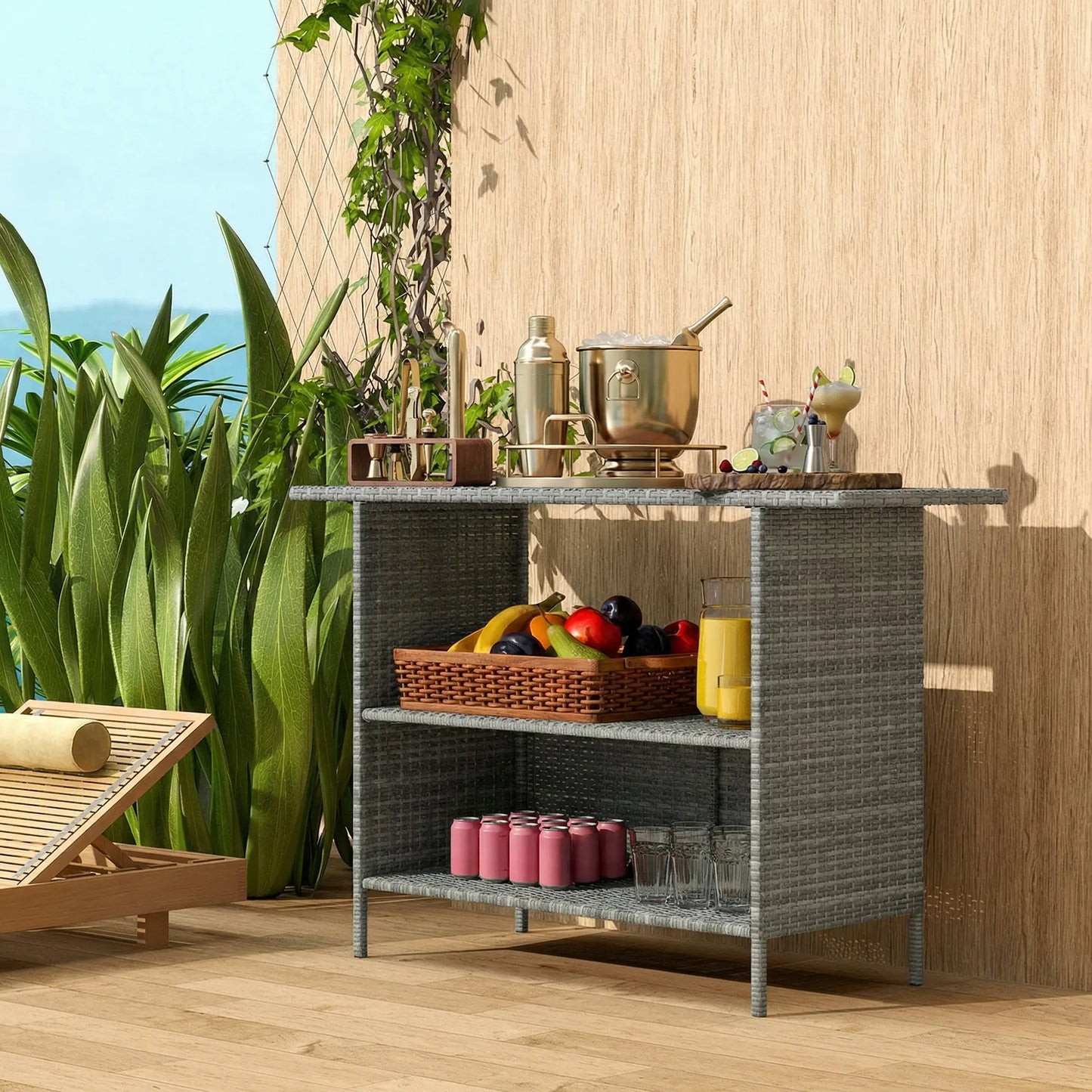 Wicker Outdoor Bar Table, PE Rattan, 2 Shelves, Steel Frame, Dark Grey, Dark Grey Patio Side Tables at Gallery Canada