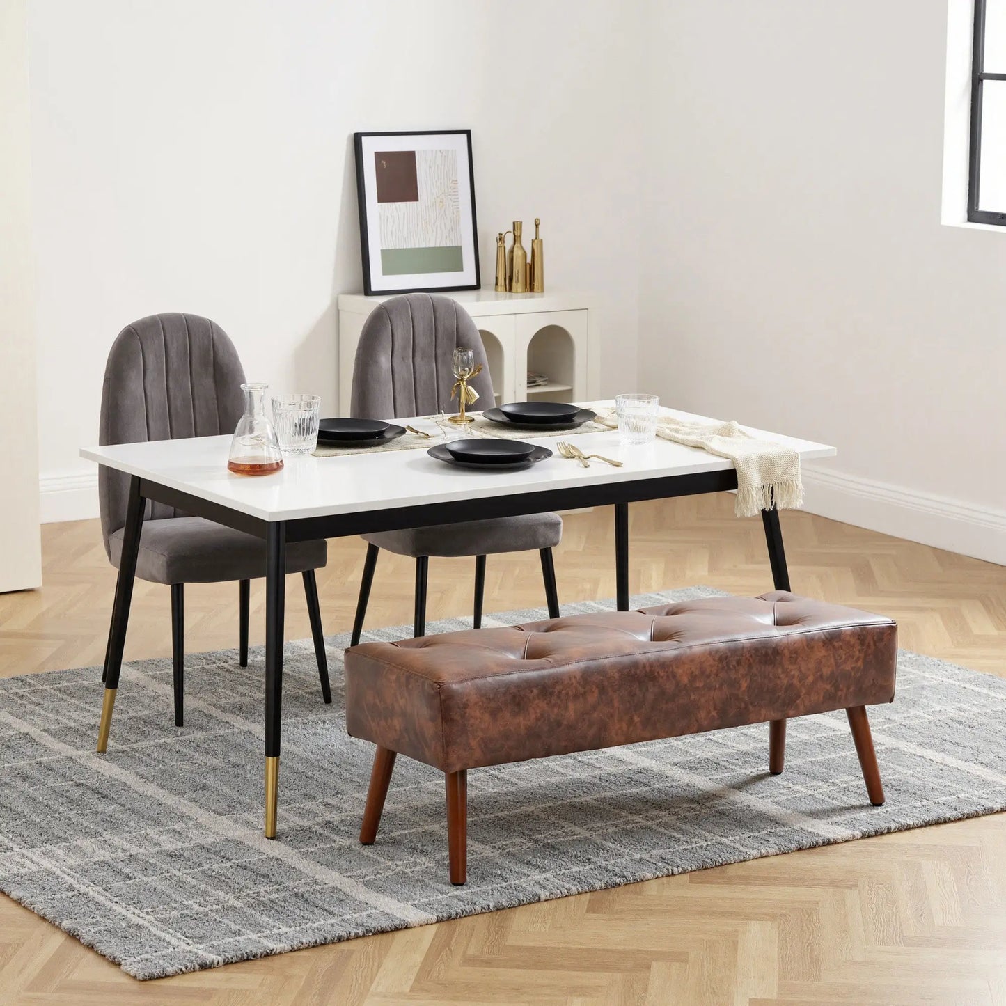 Button Tufted PU Leather Bench, Wood Legs, Brown Storage Ottomans & Benches at Gallery Canada