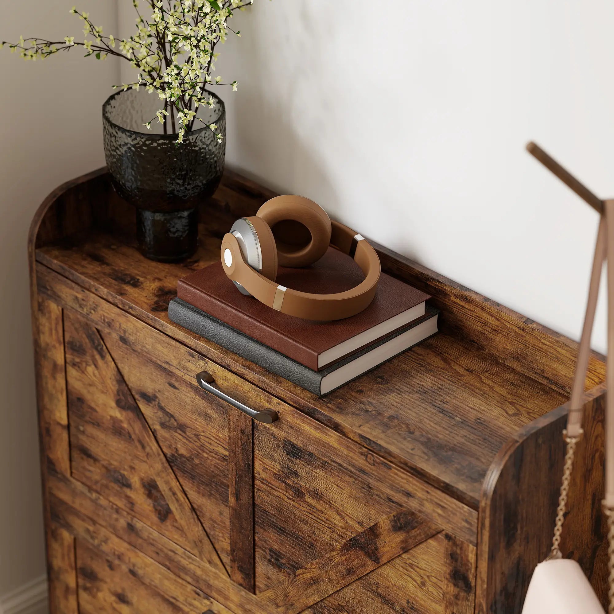 Narrow Shoe Storage Cabinet, Farmhouse Slim Shoe Cabinet with 2 Flip Drawers, Adjustable Shelves, Rustic Brown Shoe Storage Cabinets & Racks at Gallery Canada