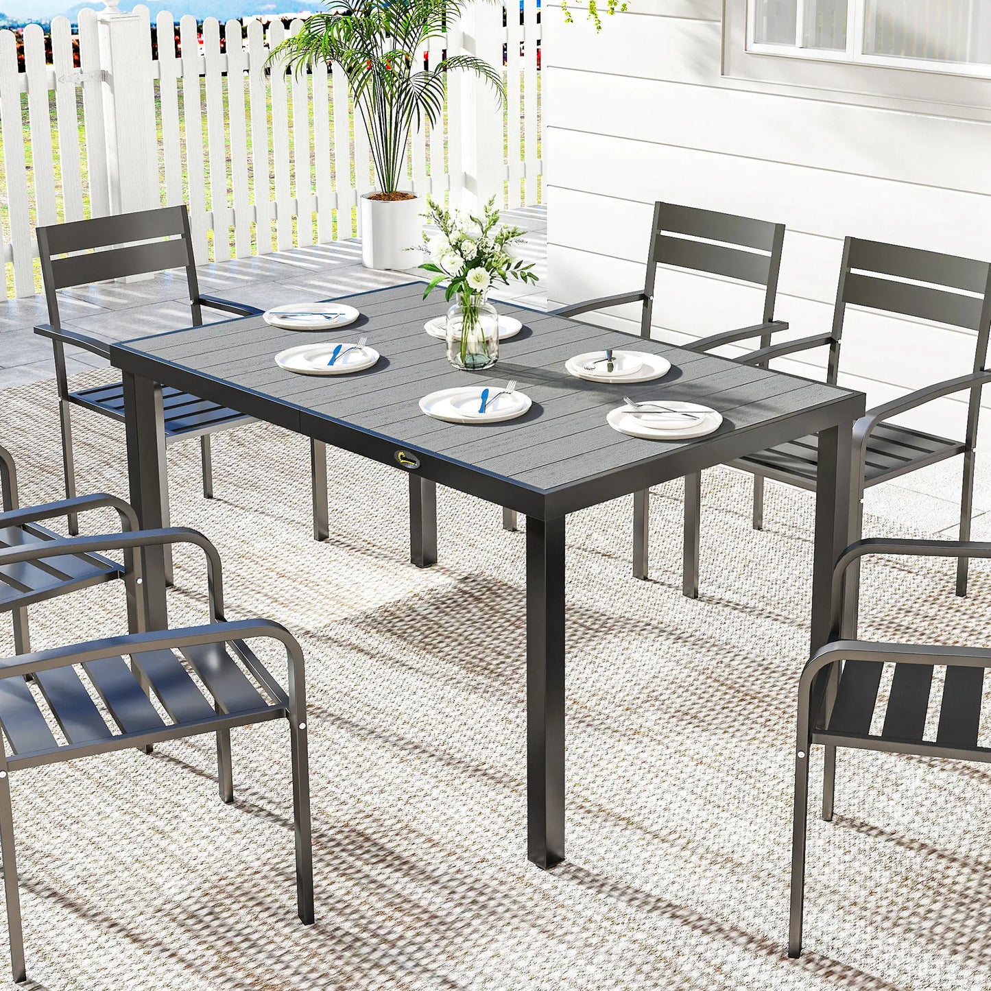Rectangular Patio Table For 6, Wood-Plastic Composite Top, Steel Frame, Grey Patio Dining Tables at Gallery Canada